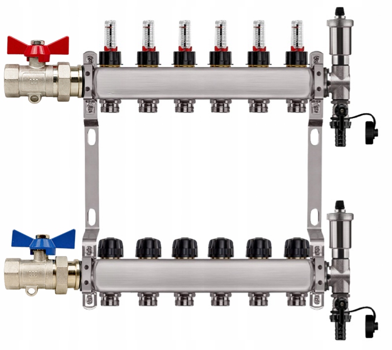 Rozdělovač Pro Podlahovku 6 Okruhů Nerezový Jednoduchý Ventil Niklovaný