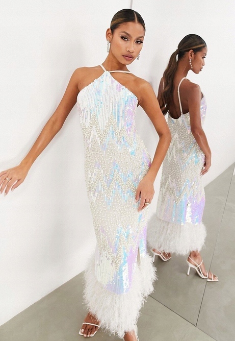 Zdobené Flitrové Šaty Koktejlové Střapce Peří Korálky Edice 40 L