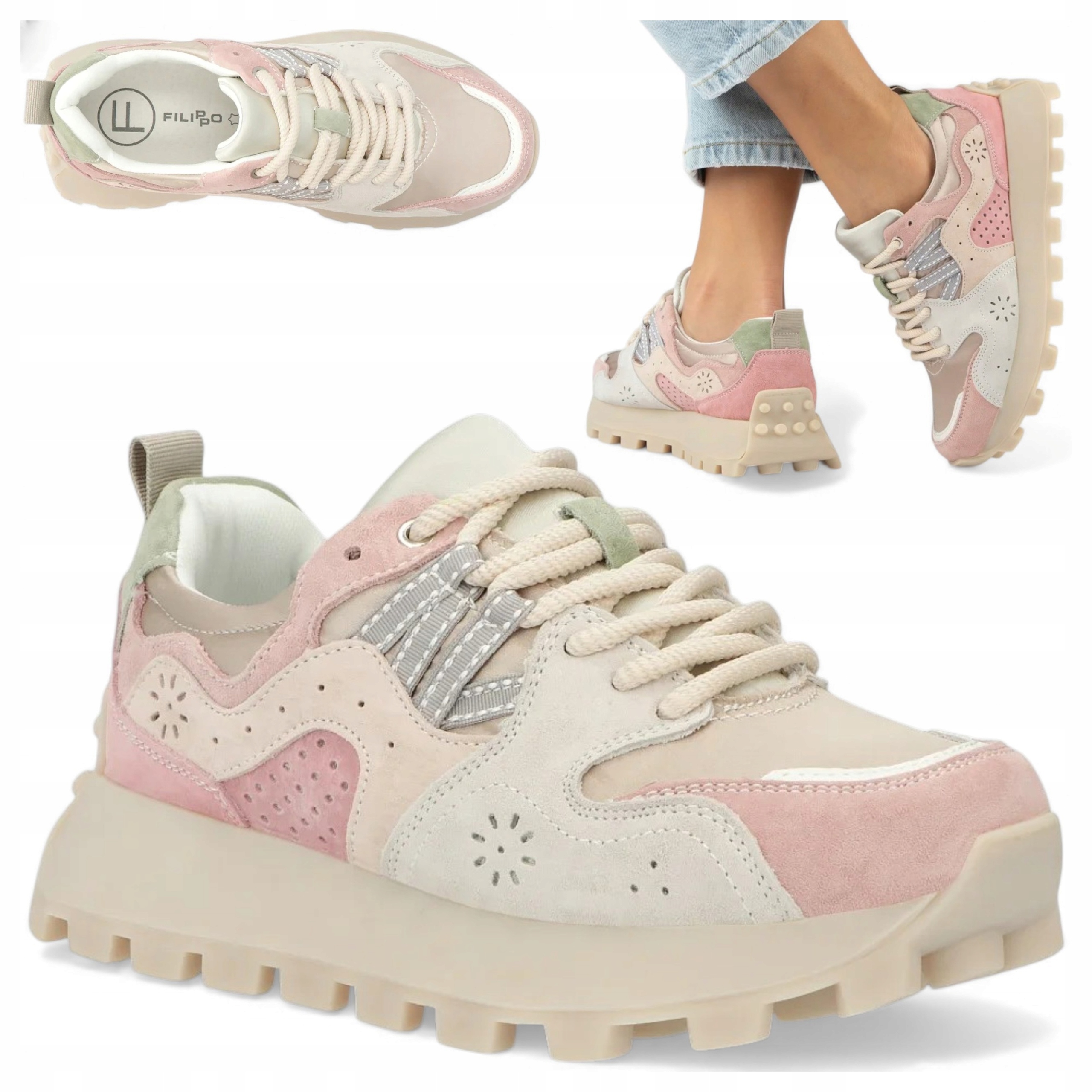 39 Filippo Obuwie Damskie Sportowe Skóra Naturalna Sznurowane Na Platformie