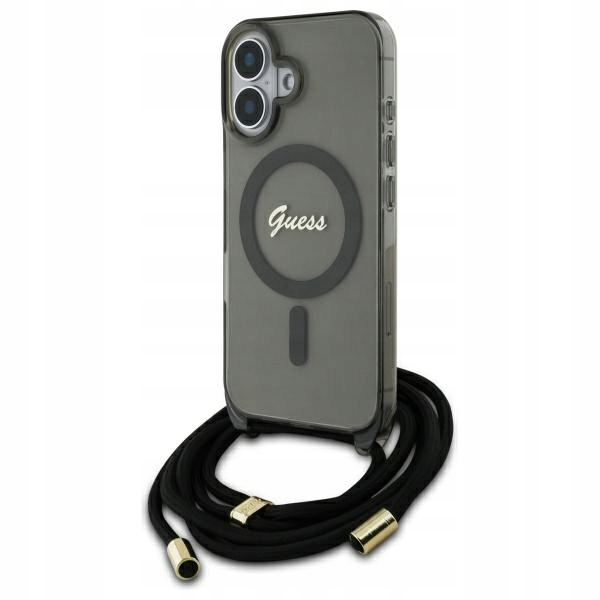 Pouzdro Guess pro iPhone 16 6.1" černé Crossbody Cord Script MagSafe