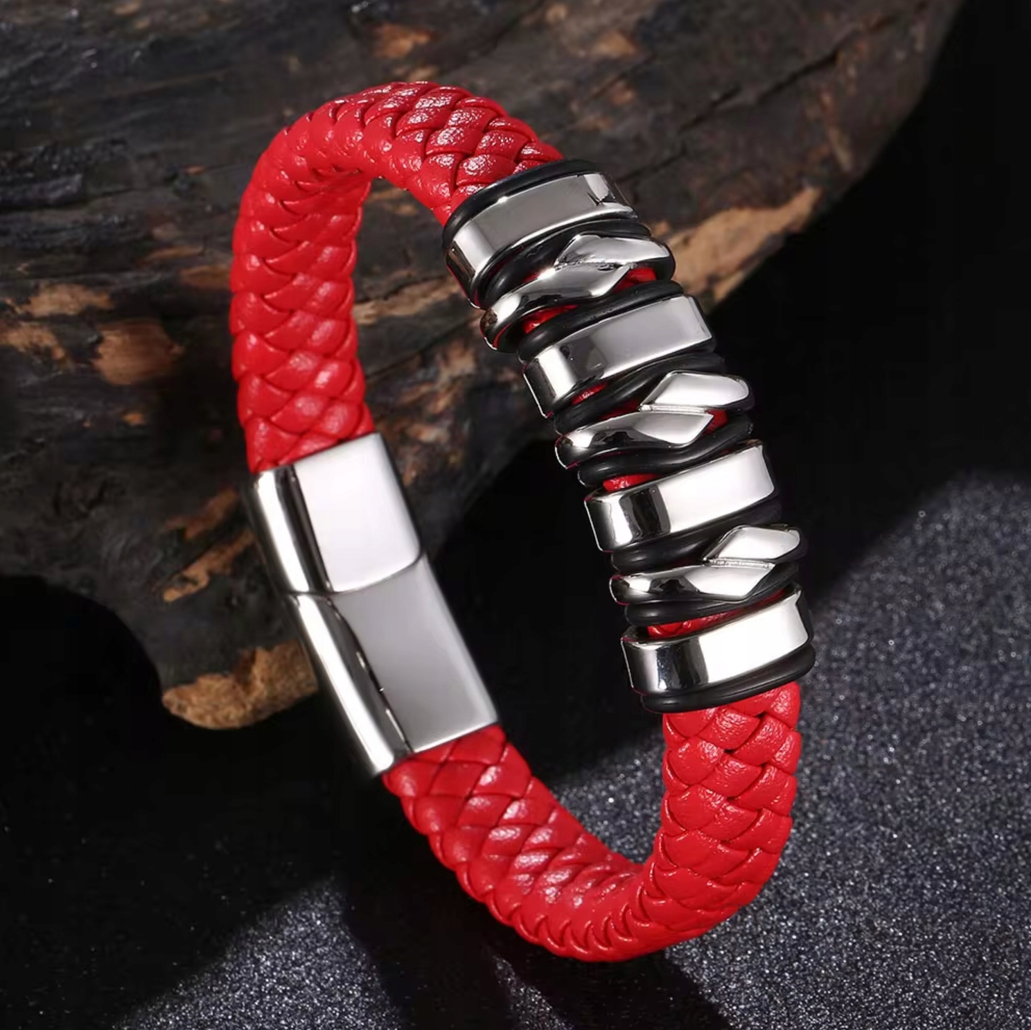 Kožený náramek z oceli Červená Černá Stříbrná Pevné zapínání Magnet