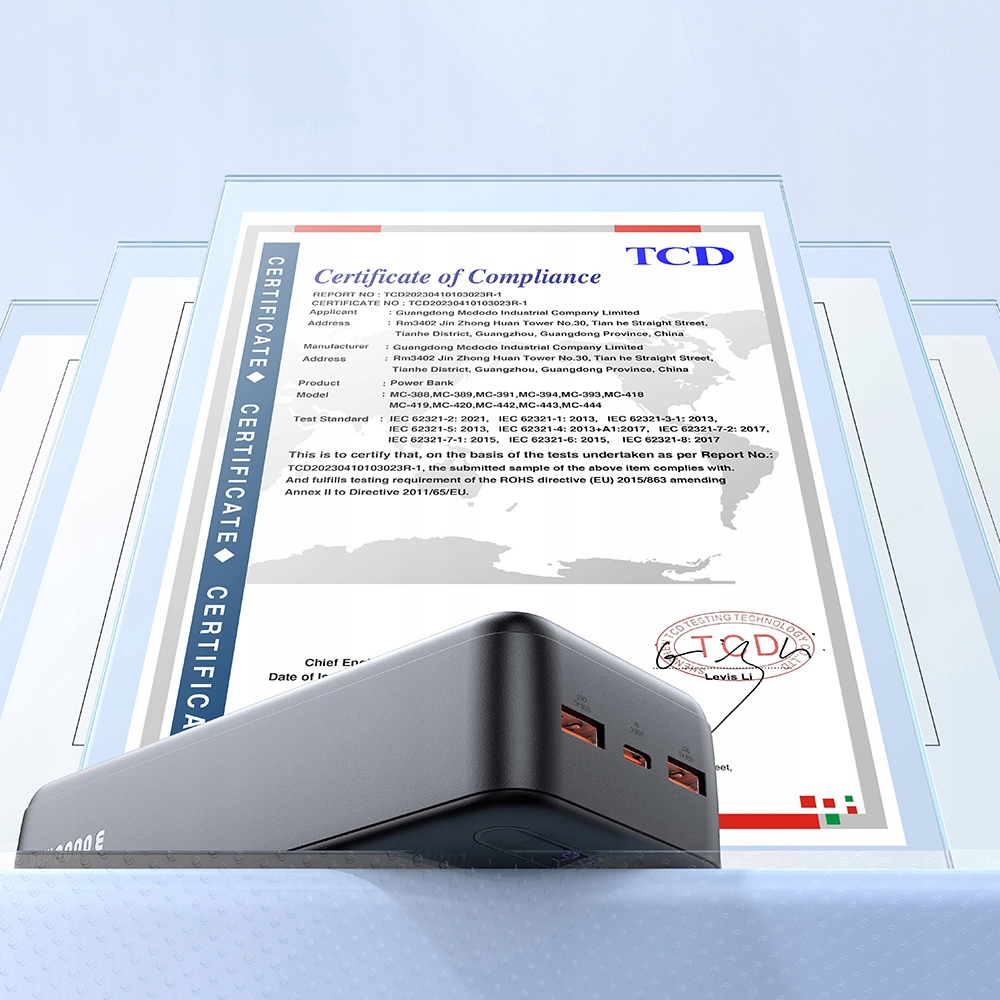 MCDODO POWERBANK 30000MAH Z WYŚWIETLACZEM 2X USB USB-C 2A 10W + KABEL USB-C Napięcie nominalne 3.7 V