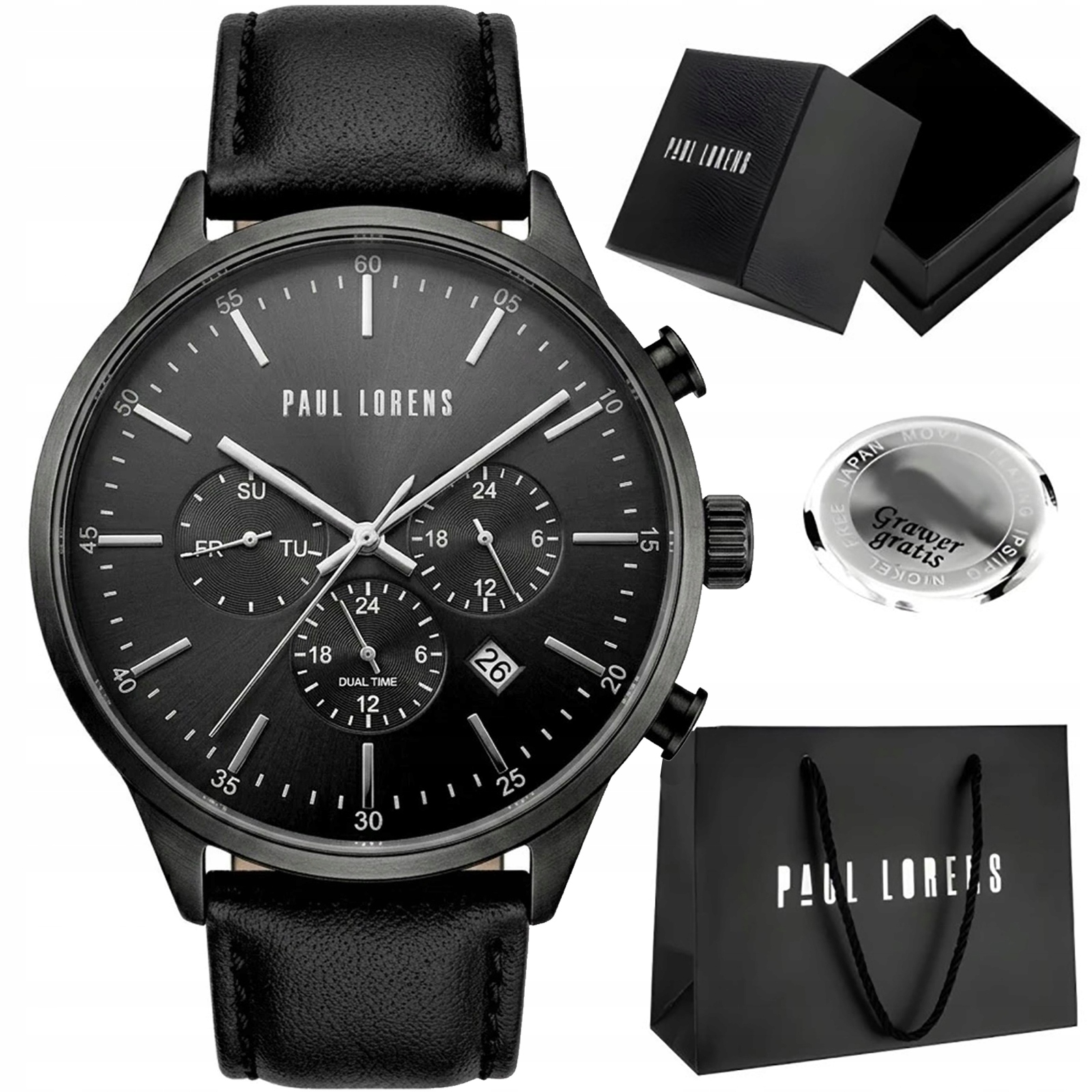 Pánské hodinky Paul Lorens Largo Dual Time Datumovka kožené Gravírování