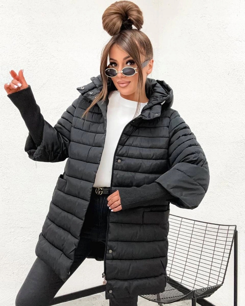 Volná Bunda S Kapucí 6637/6682 Černá 50