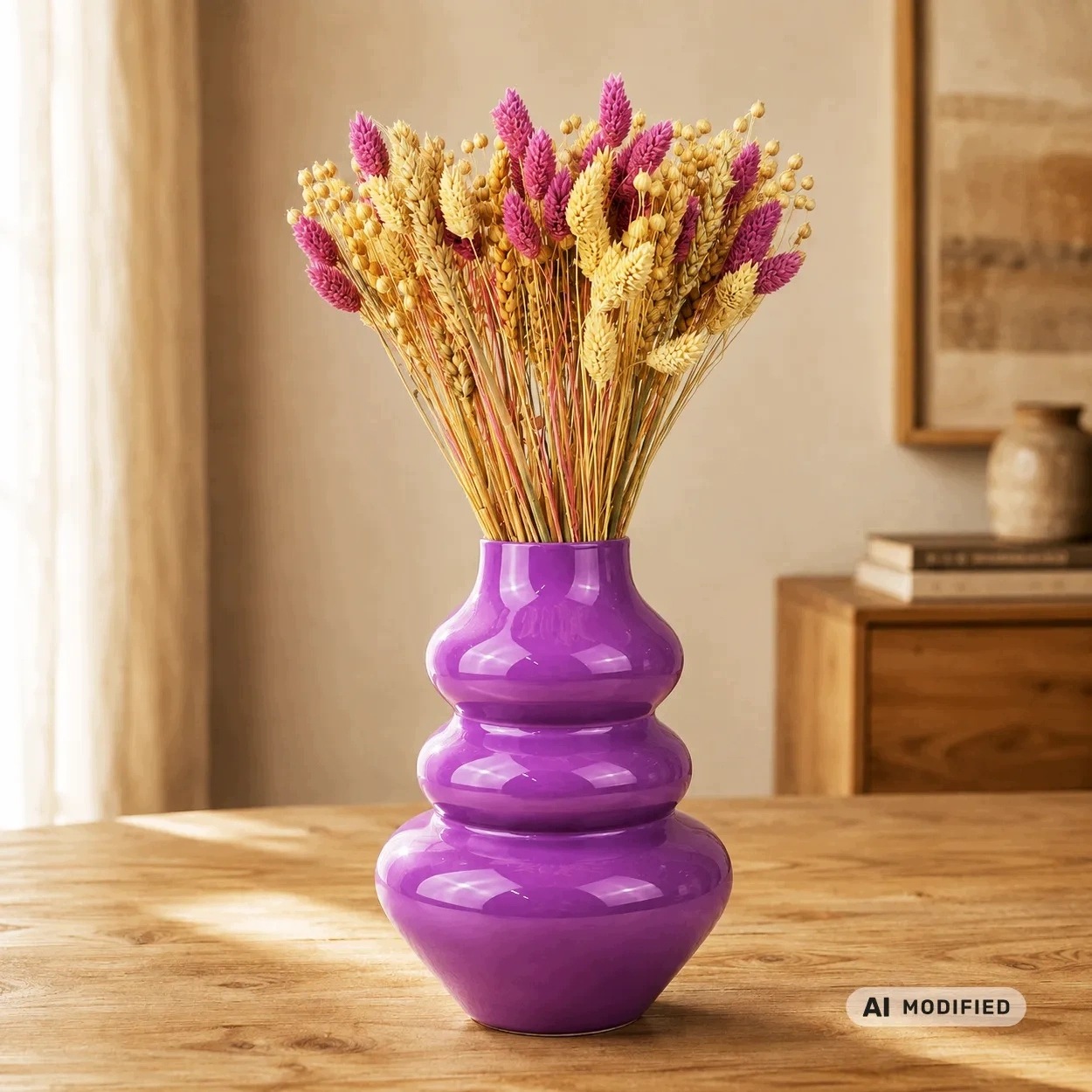 Skleněná váza fialová s kyticí sušených květin Vella W-769A 24 cm