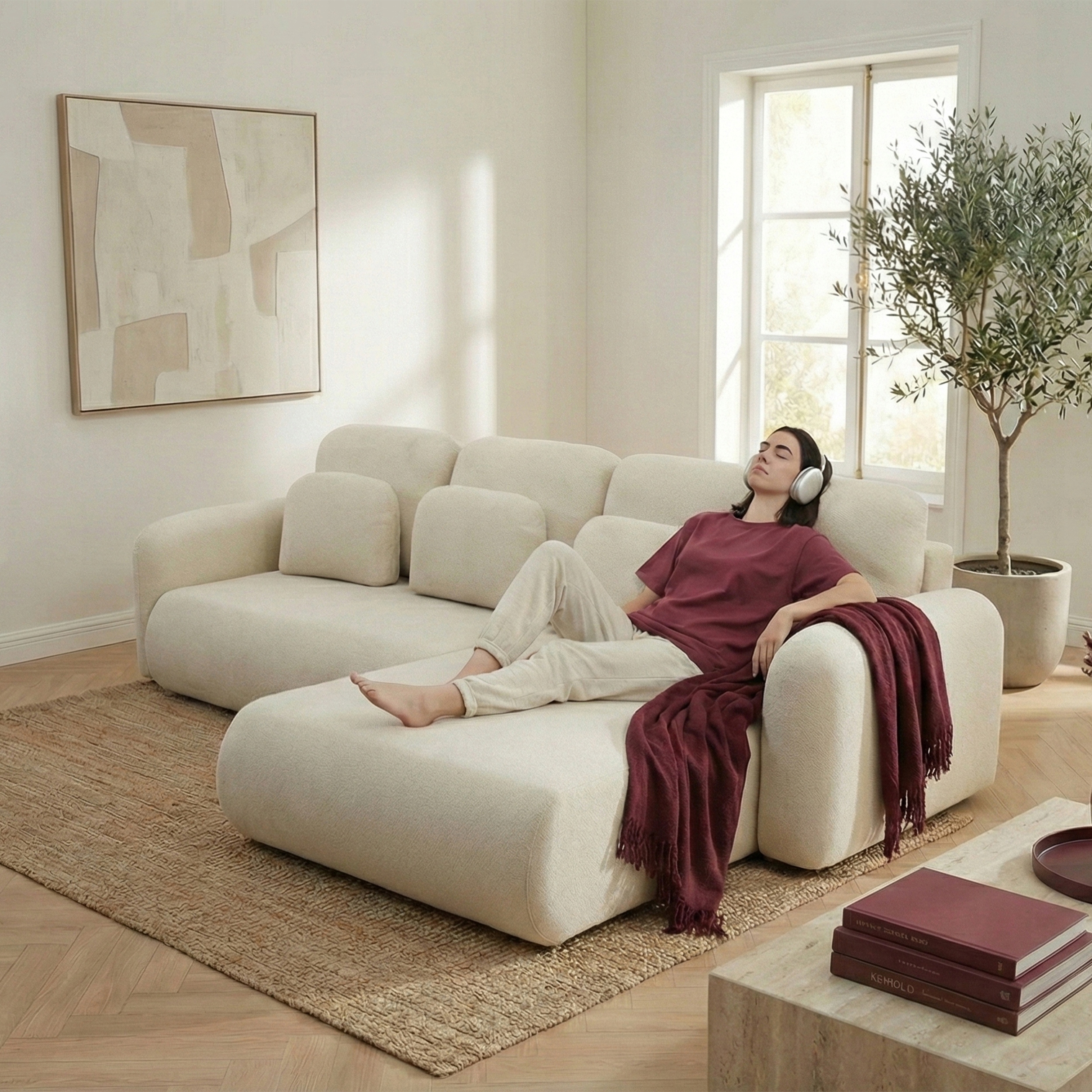 Rohová Sedací Souprava s funkcí spaní Rozkládací Rohová Sedačka do obývacího pokoje Béžová Nest Kontejner