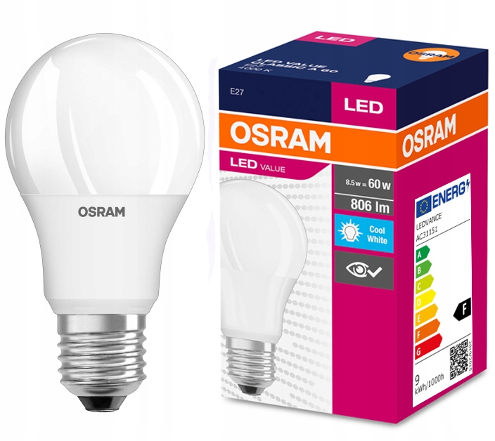 

Żarówka Led 8,5W=60W E27 Osram 4000K barwa biała