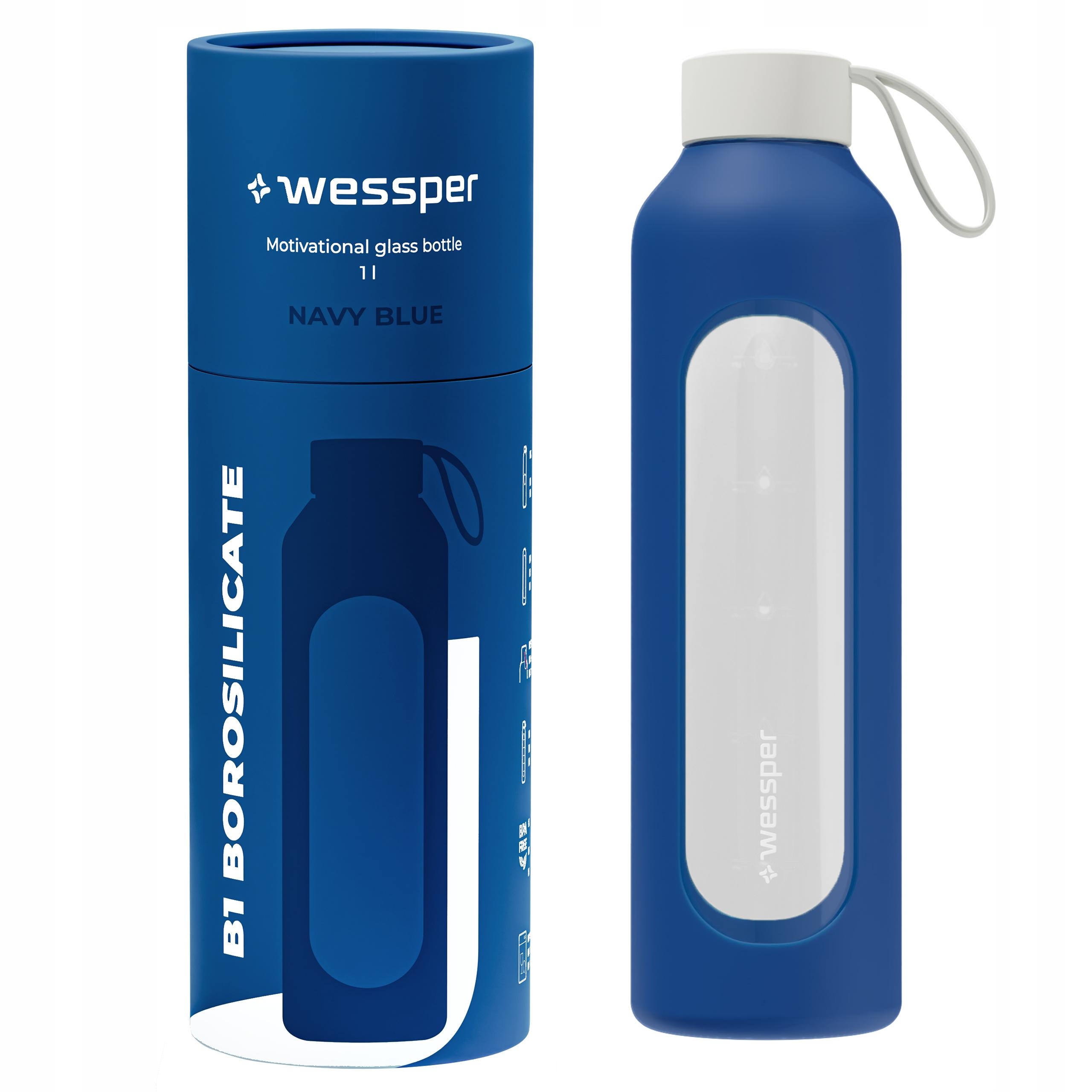 Szklana butelka na wodę 1l Wessper B1 Borosilicate Navy Blue
