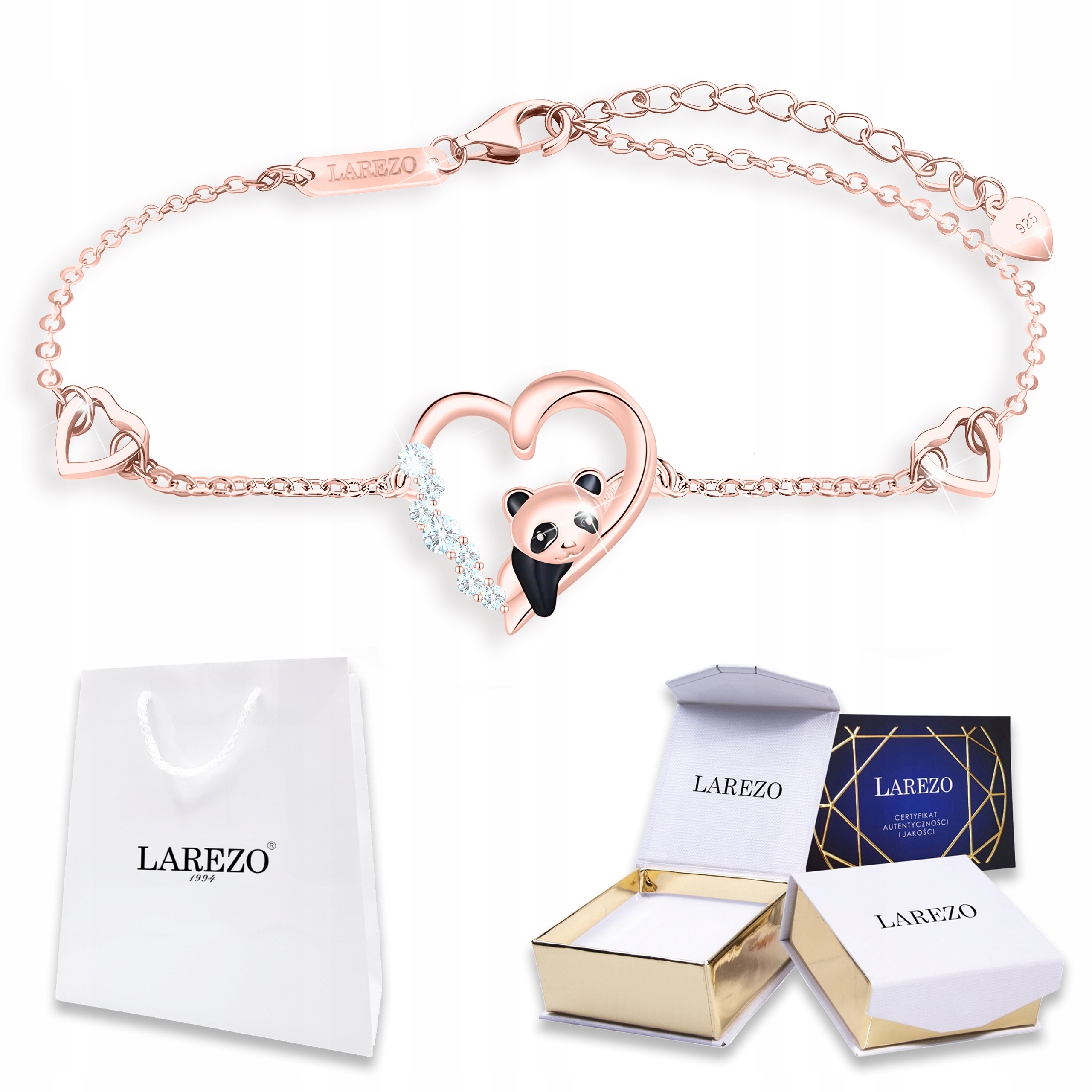 Pozlacený náramek Srdíčko s krystaly Černá Panda Love Stříbro 925