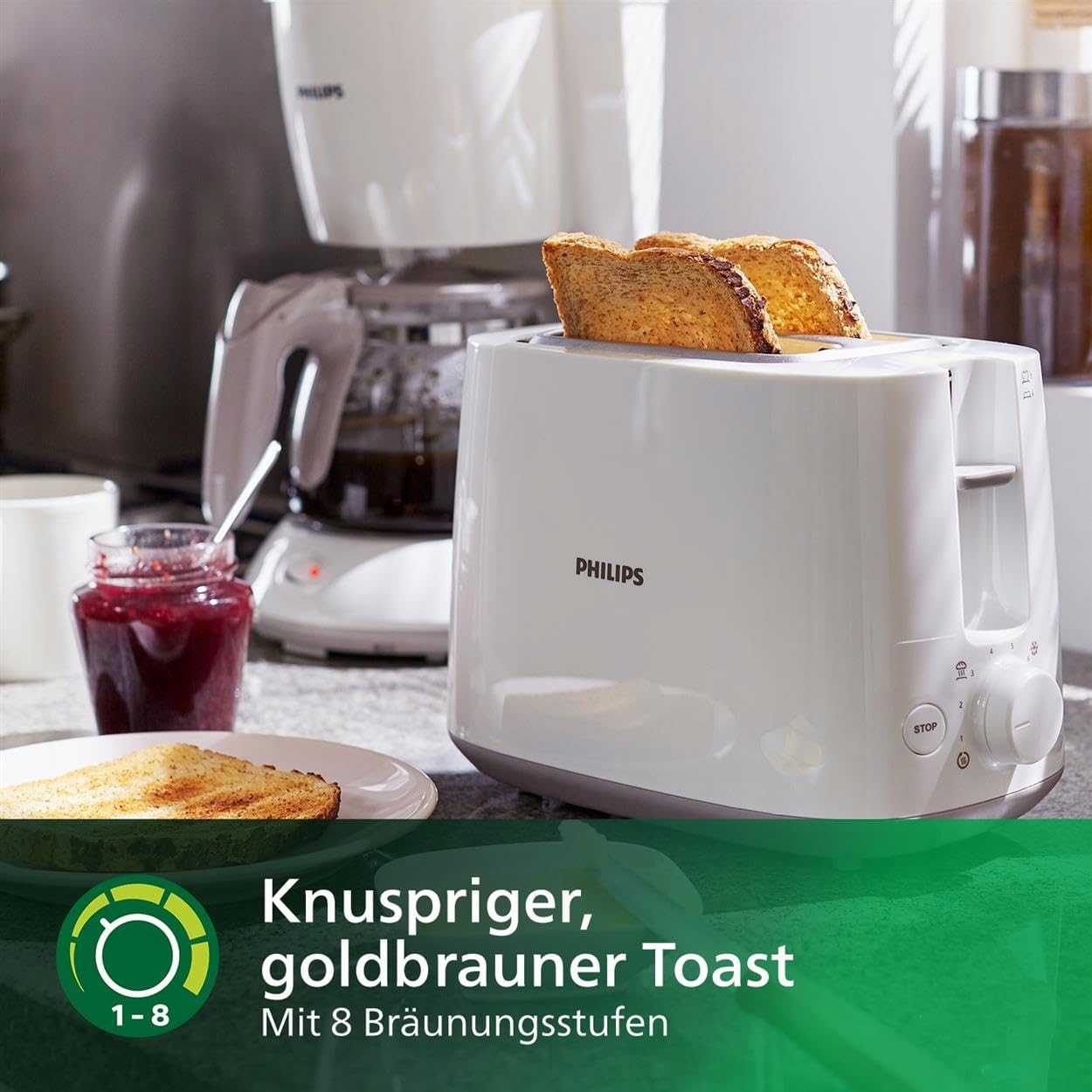 PHILIPS Toster 2 Kromki 8 Stopni Z Podgrzewaczem Funkcja Rozmrażania Biały — miniatura 5