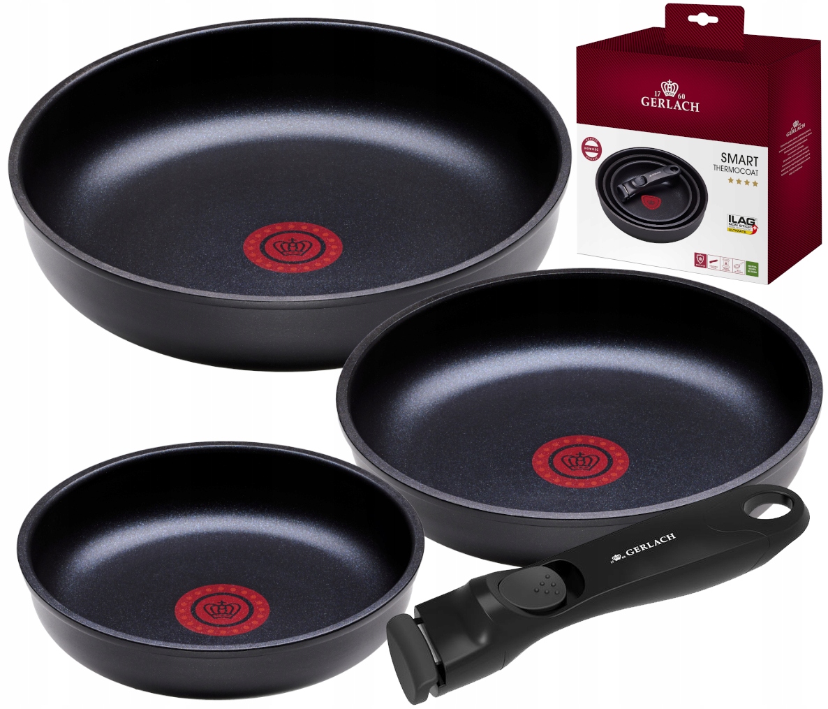 Zestaw Patelni 3 Patelnie Gerlach Thermocoat 20/24/28 CM Odpinana Rączka