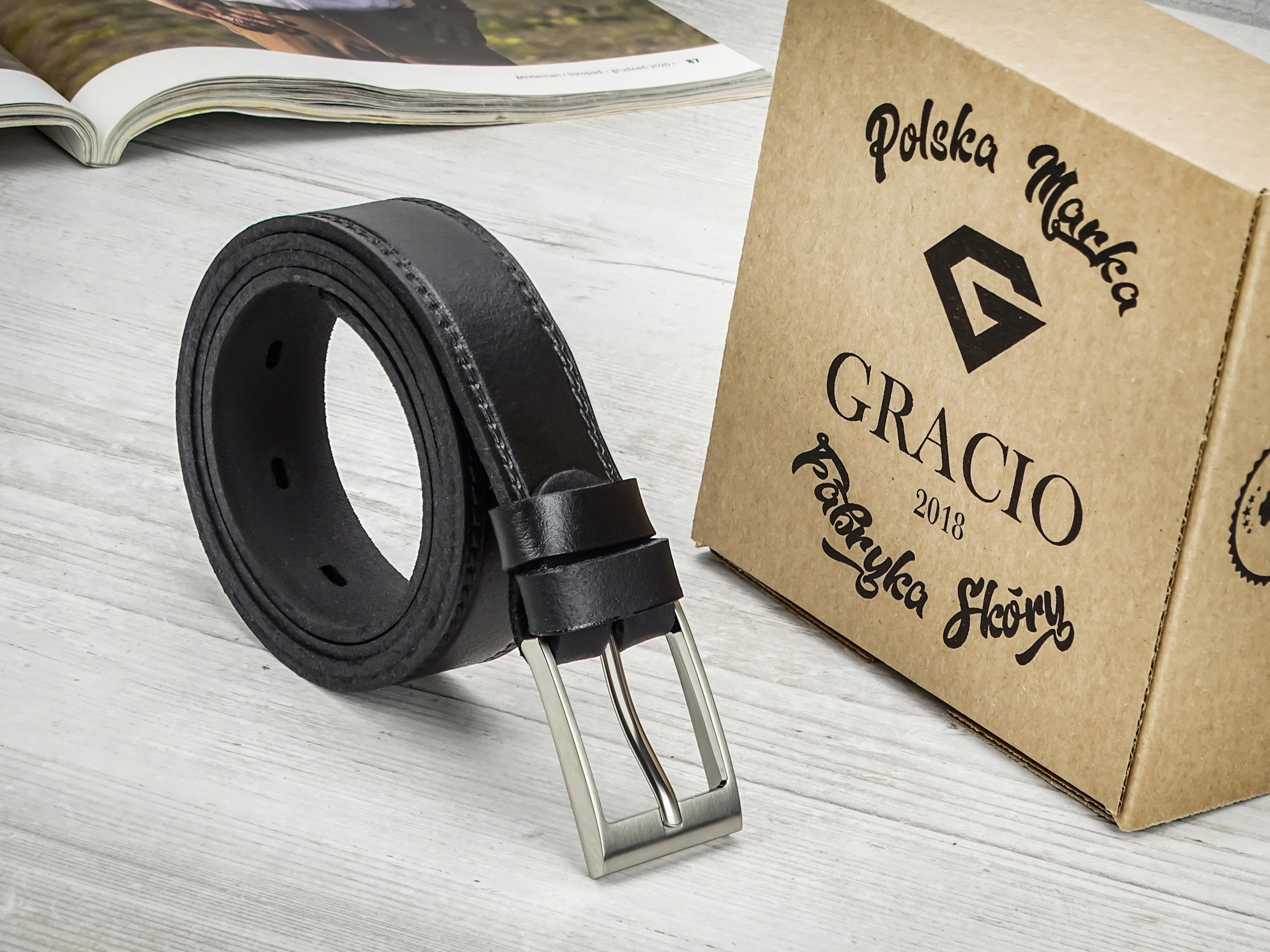 SKÓRZANY Czarny Męski Przeszywany Pasek 105cm Model Pasek męski