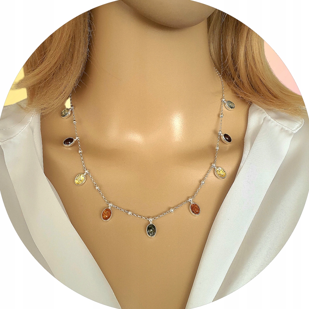 Stříbrná Kolia Na Řetízku S Barevnými Jantary Stříbro 925