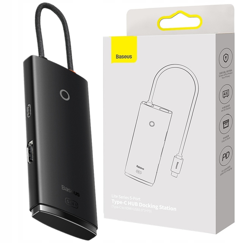 Baseus Hub Usb-c 5W1 Adapter Hdmi 4K 3x Usb 3.0 Pd 100W Do Laptopa Tabletu