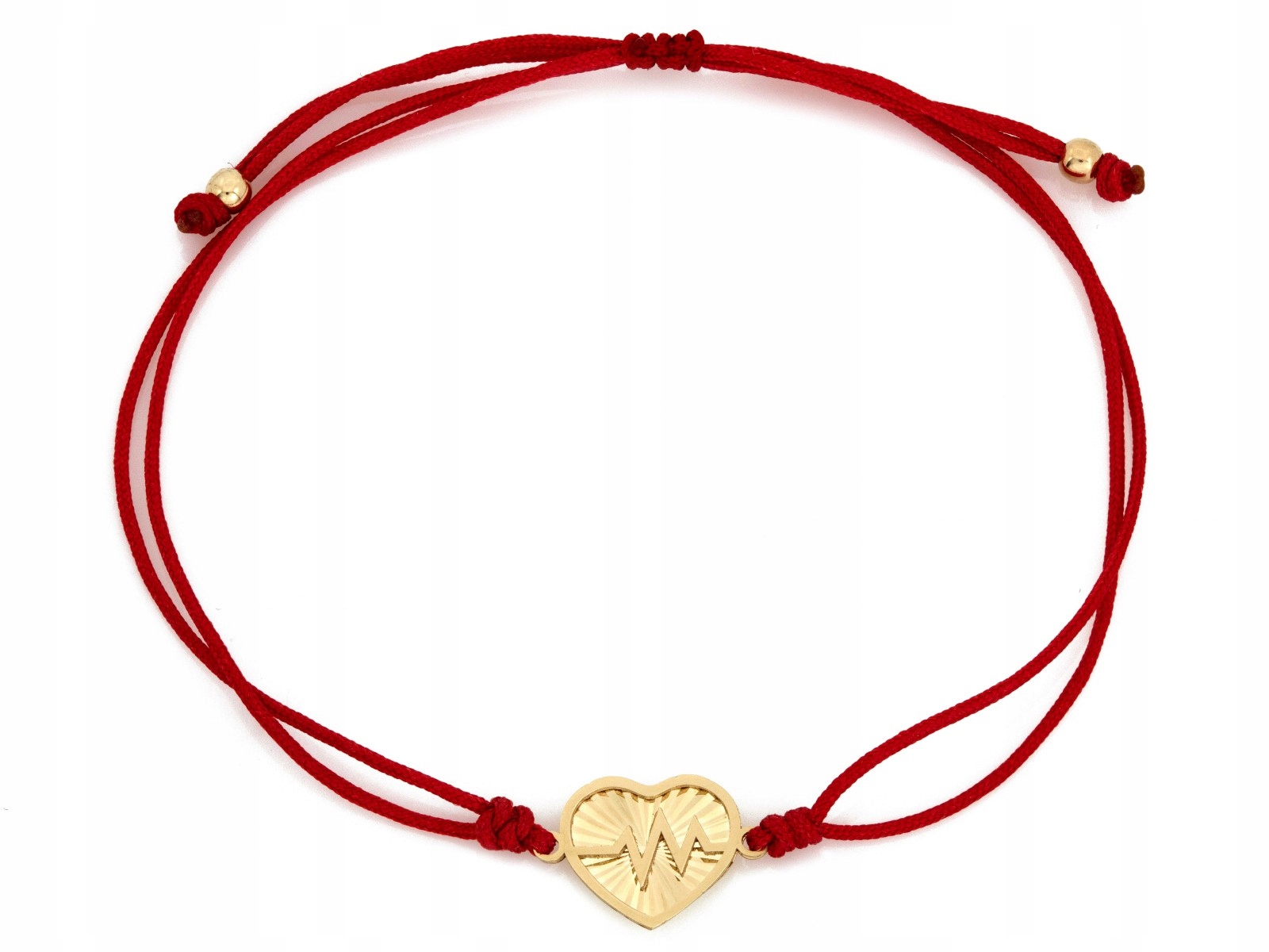 Zlatý provázkový náramek 585 srdce s linií života na červené šňůře
