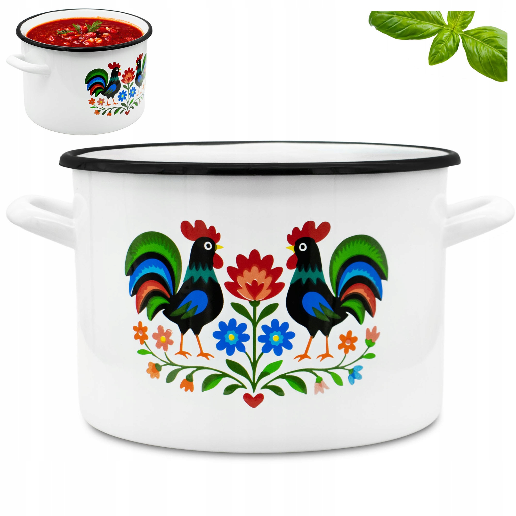 Garnek Tradycyjny Emaliowany 24 CM Z Uchwytami Stalowy Biały Folk 7.8L