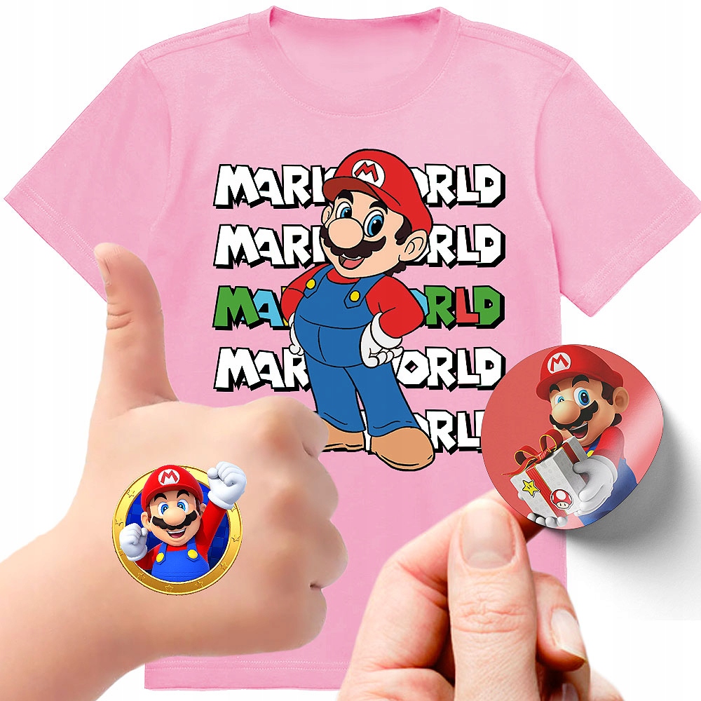 ZESTAW 3W1 KOSZULKA DLA DZIECI TATUAŻE NAKLEJKI SUPER MARIO BROS 164 JAKOŚĆ