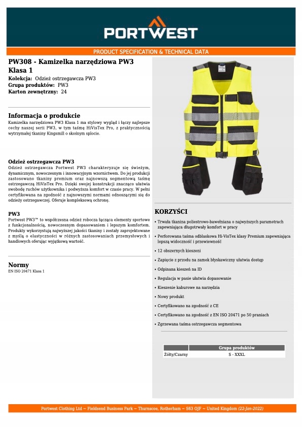 Kamizelka narzędziowa PW3 Klasa 1 Żółty/Czarny Marka Portwest