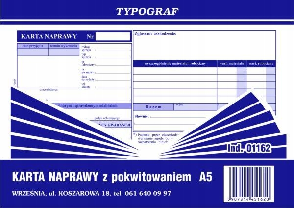 

Karta naprawy z pokwitowaniem Typograf 01162 A5 80