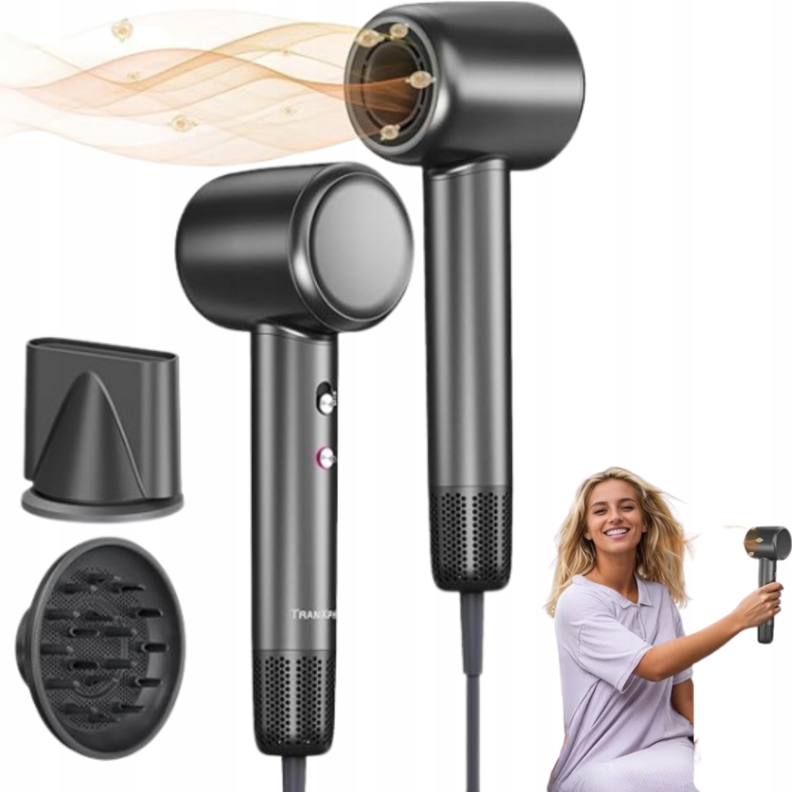 Iontový vysoušeč vlasů s difuzérem 1800 W, 3 úrovně teploty, černý