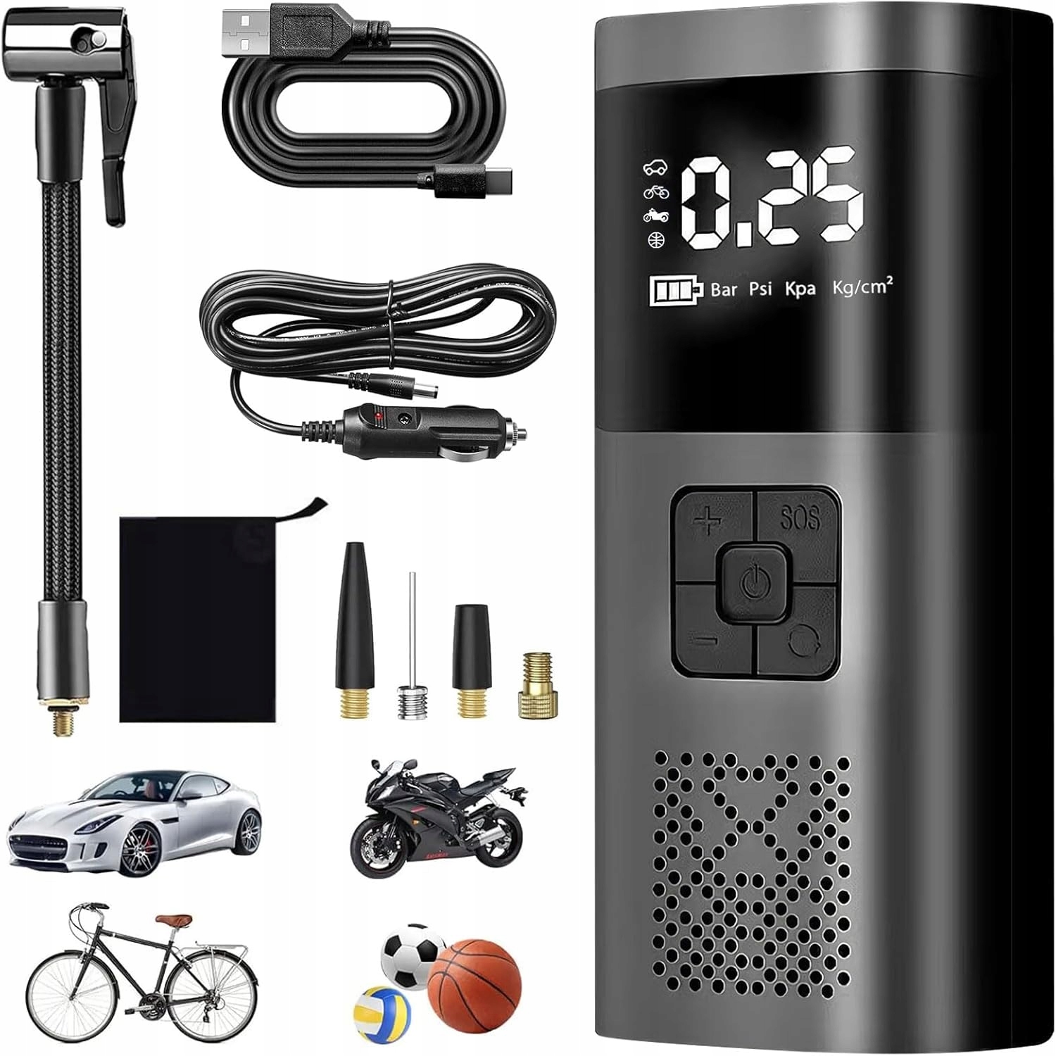 Elektryczna Pompka Rowerowa Kompresor Samochodowy Akumulatorowy 80W 6000mAh