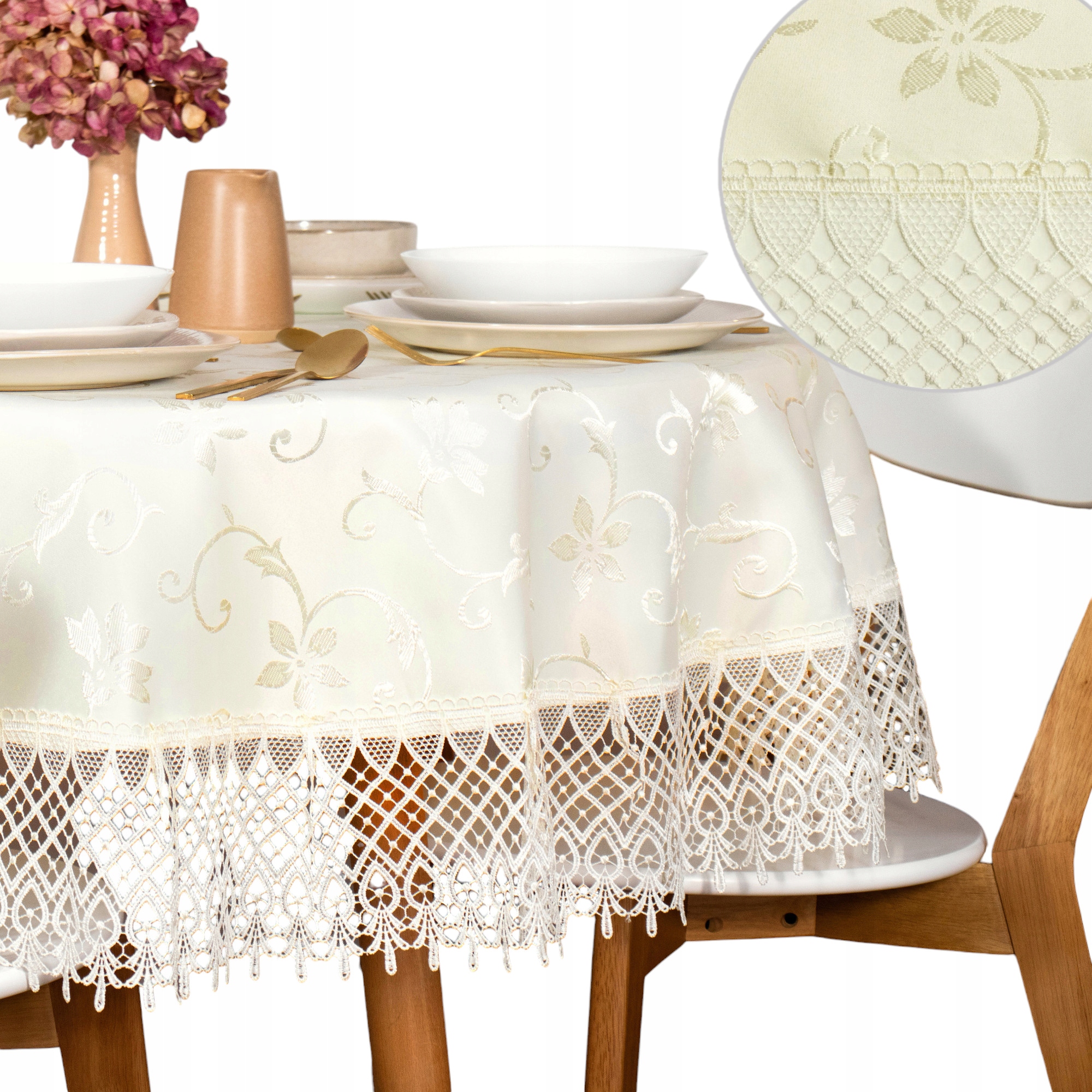 Okrągły obrus na stół plamoodporny Koronka Ecru z gipiurą 120x120 Koło krem