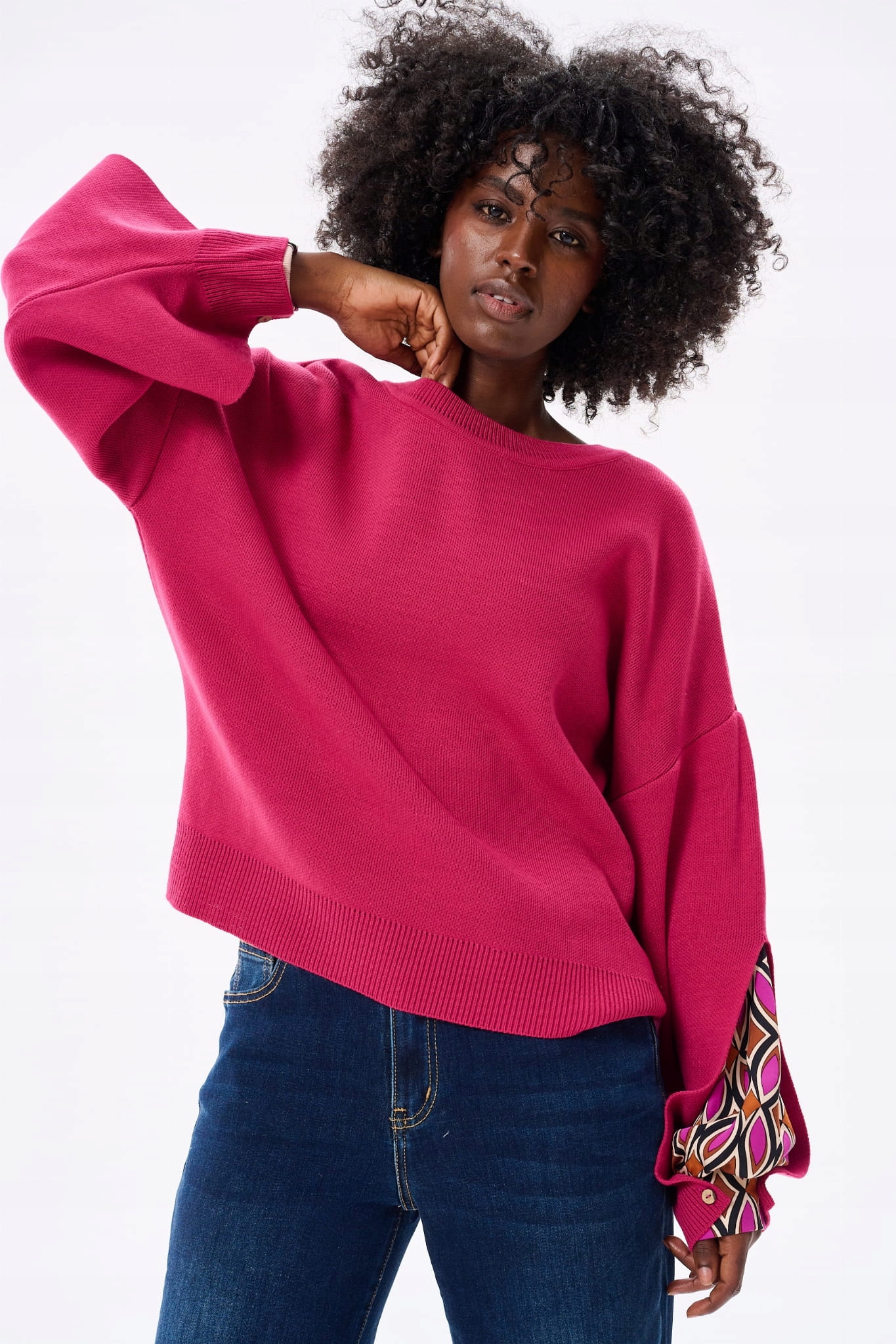 Dámský svetr s ozdobnými rukávy Czarter Fuchsia blue shadow vel. 36/38