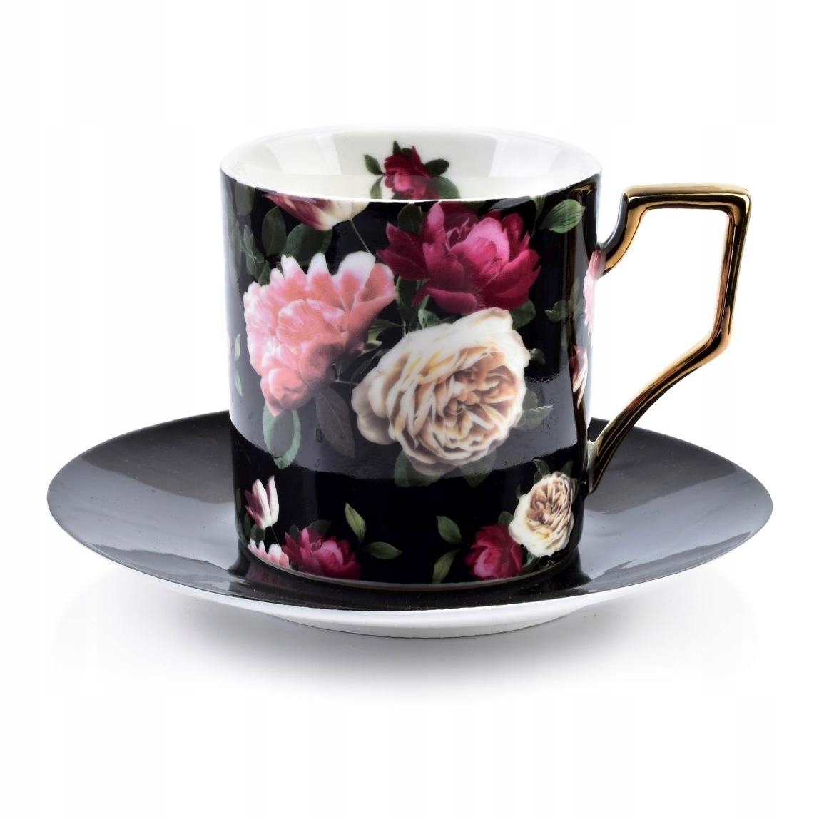 

czarna filiżanka w kwiaty porcelanowa