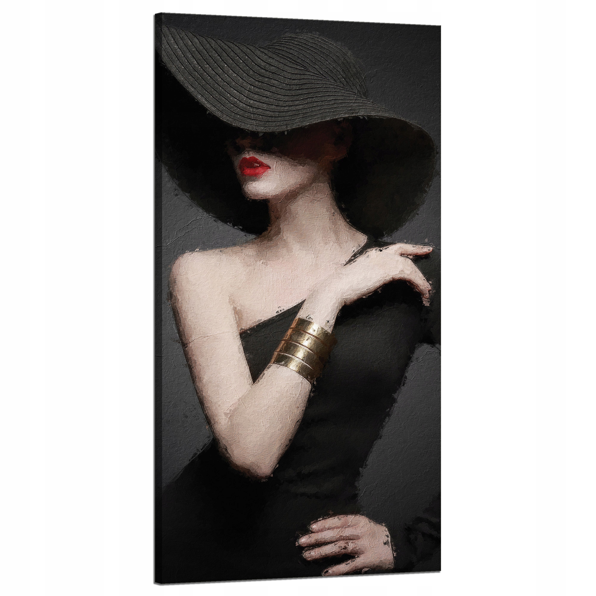 Obraz na plátně Elegantní Žena Černý Klobouk Červené Rty 60x120 cm