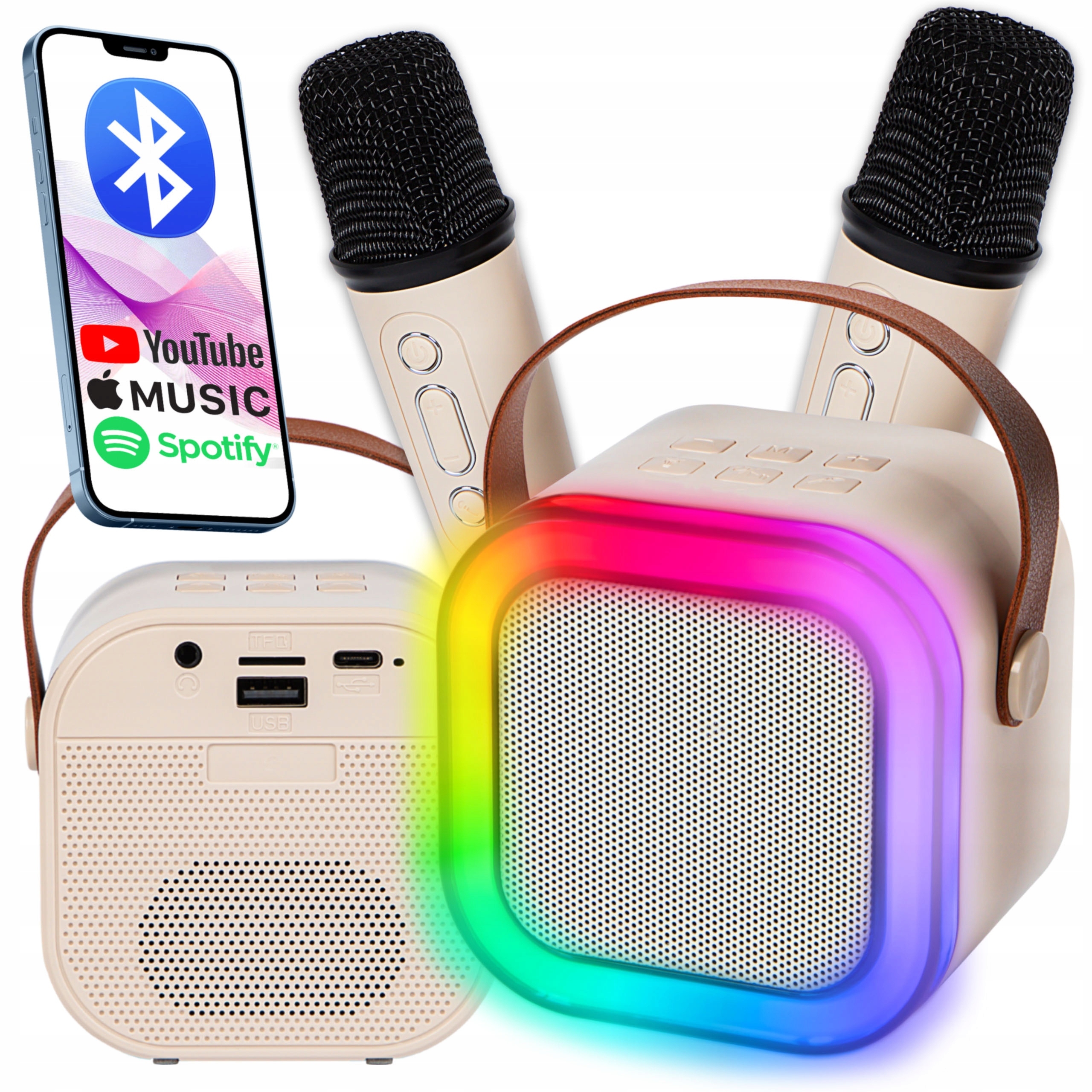 ZESTAW GŁOŚNIK BLUETOOTH PRZENOŚNY KARAOKE RGB 2 MIKROFONY USB beżowy