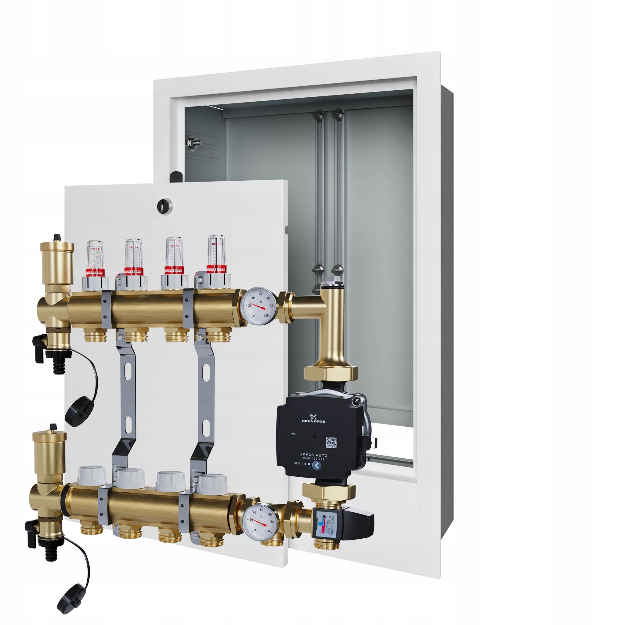 Rozdělovač pro podlahovku 4 s čerpací skupinou GRUNDFOS+podomítkový box
