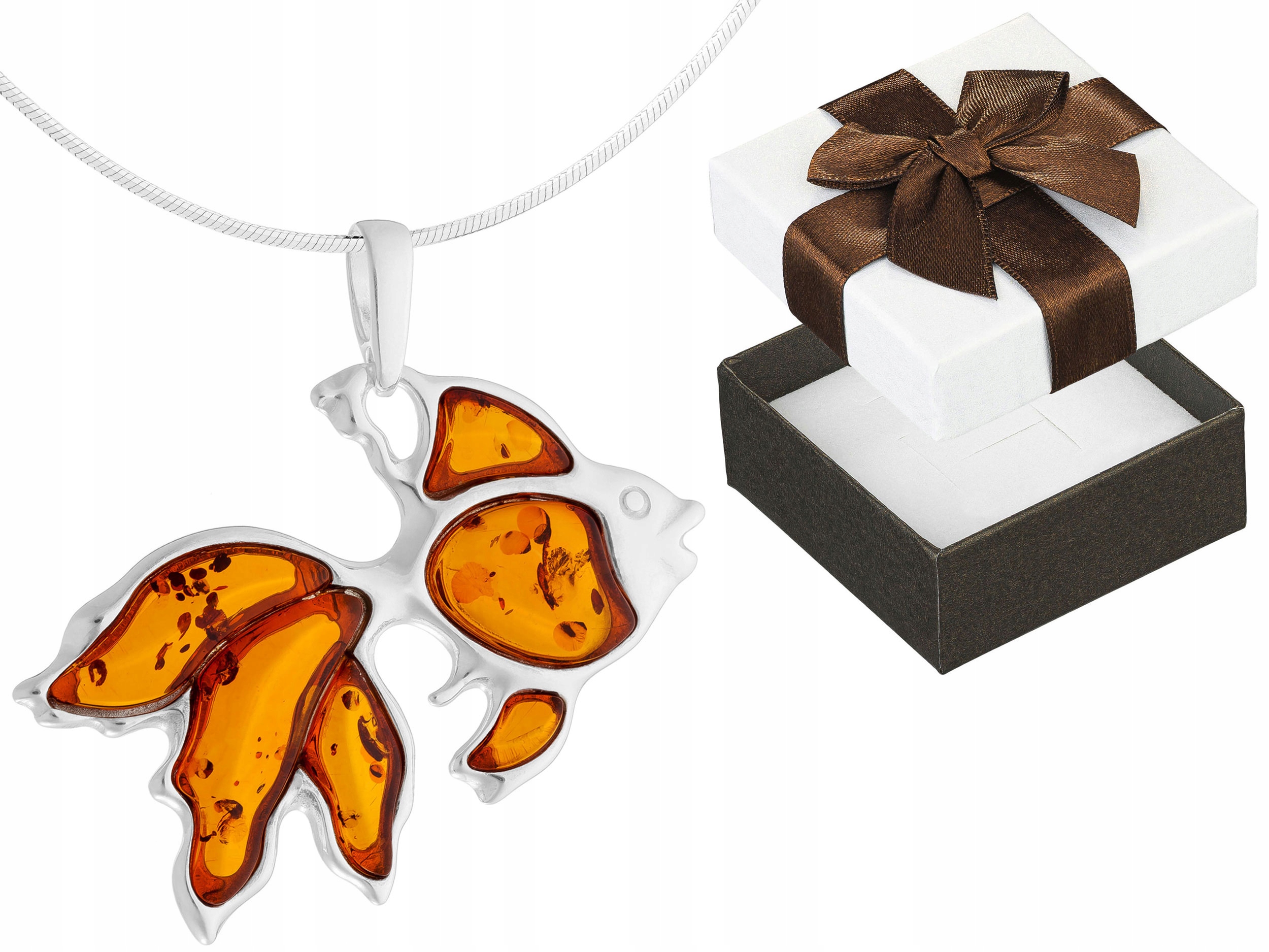 Velký Stříbrný Dámský Náhrdelník Ryba s Jantarem Zlatá Rybka Dlouhý 90 cm