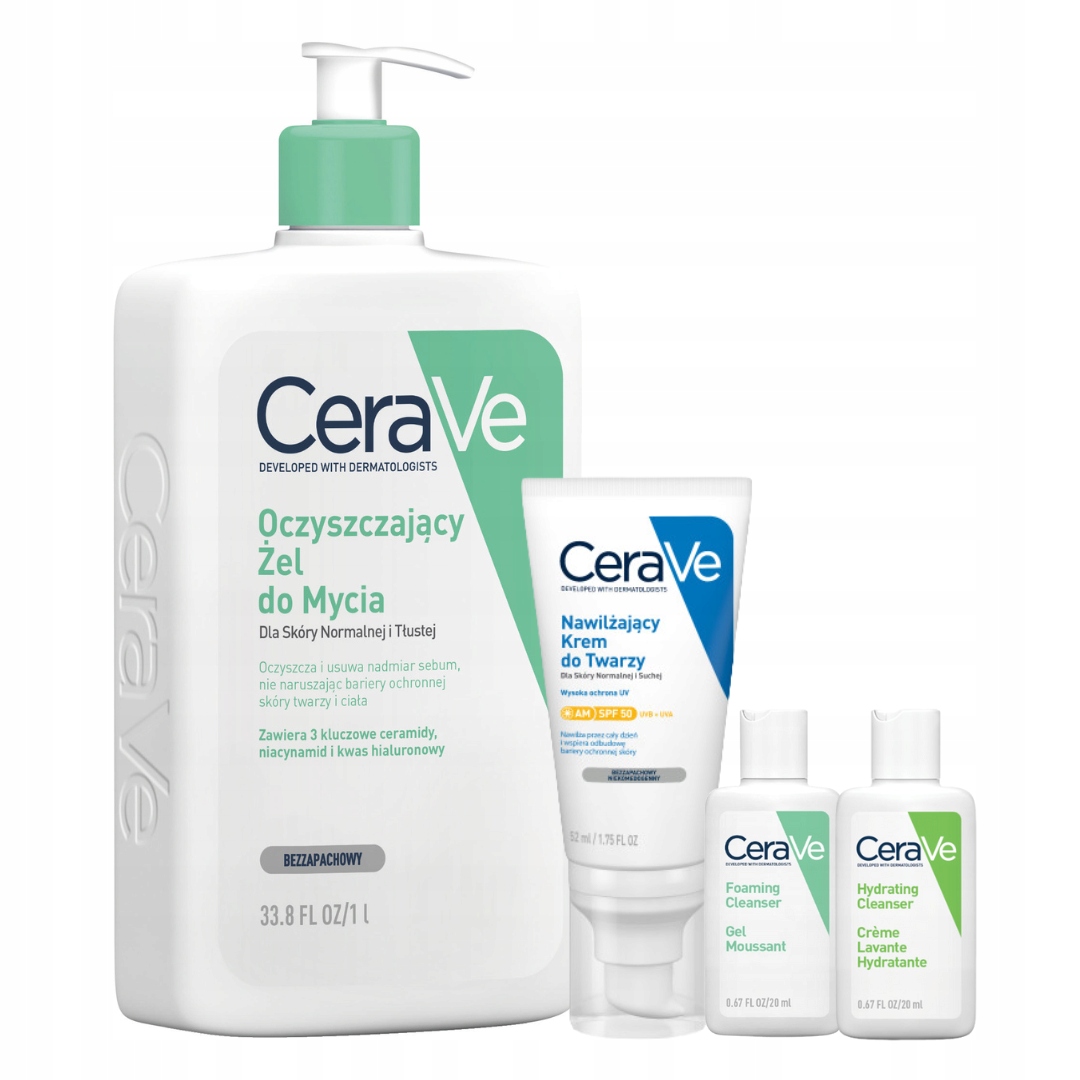 CeraVe Oczyszczający Żel 1L, Nawilżający Krem do Twarzy Spf 50