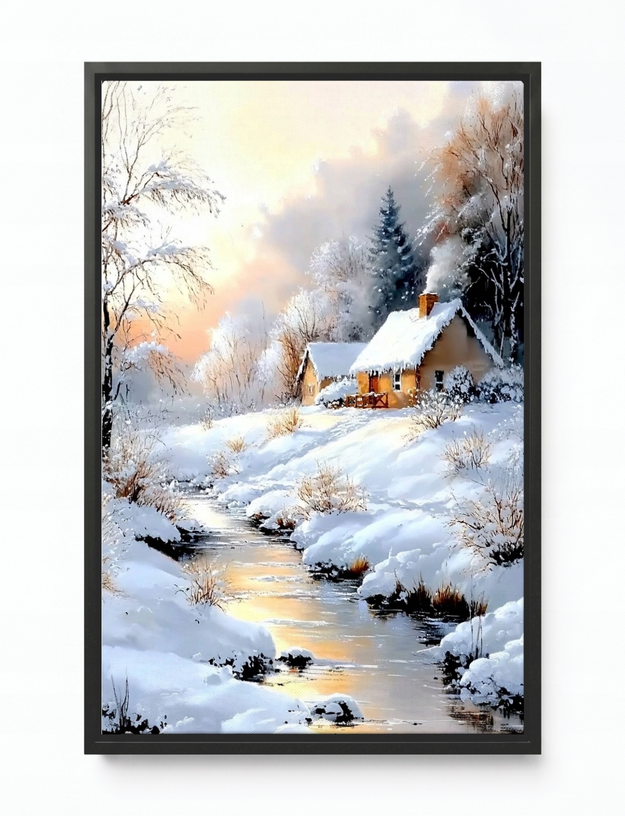 Obraz Rám Americký Box Krajina Zima Sníh Dům Chatka Řeka Potok 80x120