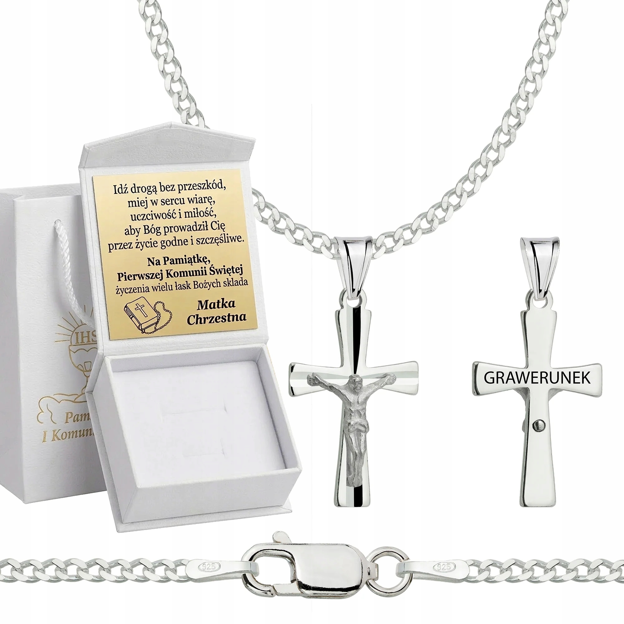 Řetízek k prvnímu svatému přijímání stříbrný s pancéřovým křížkem 2 mm Gravírování 925 45 cm