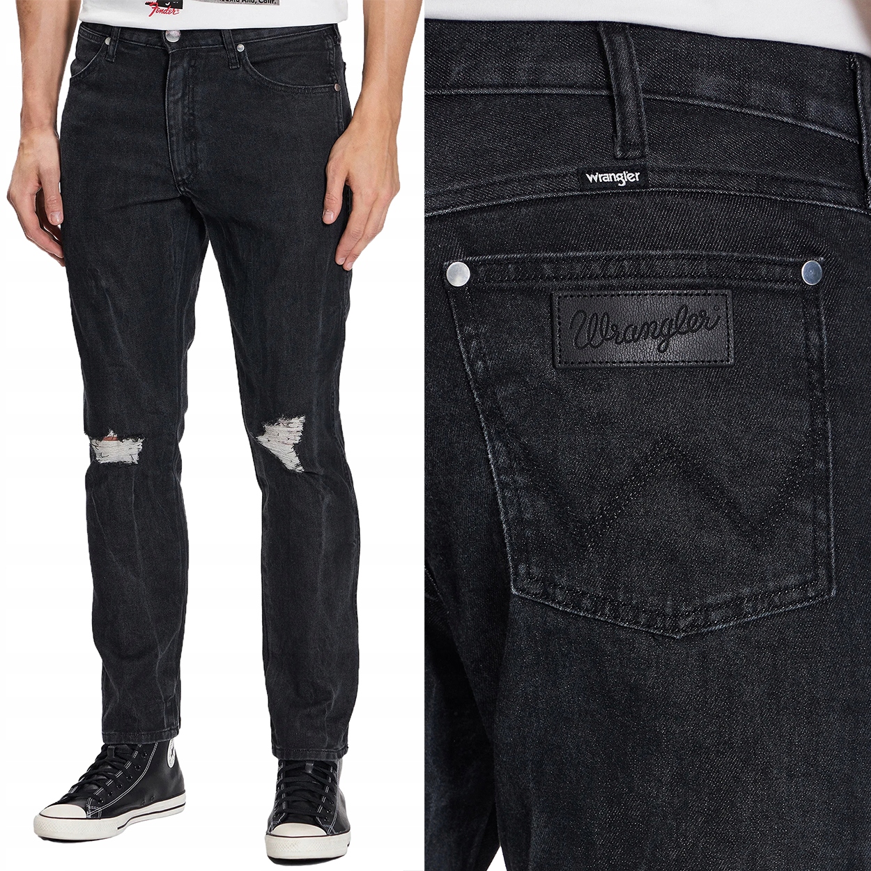 Wrangler Larston slim Bass černé vintage džínové kalhoty s otvory W31 L30