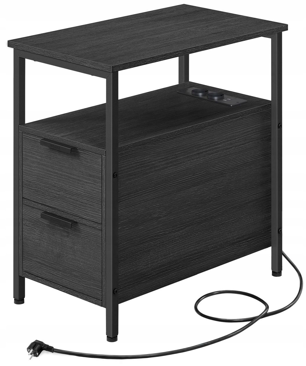 Funkčný čierny nočný stolík s 2 zásuvkami a napájacou lištou Loft