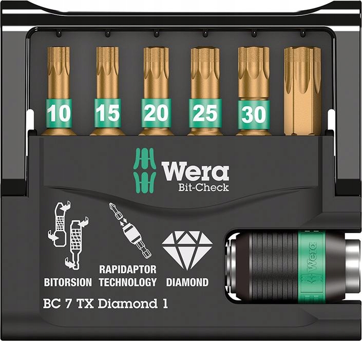 Sada bitů Torx držák Rapidaptor Bit-Check 7 Tx Diamond 1 Wera