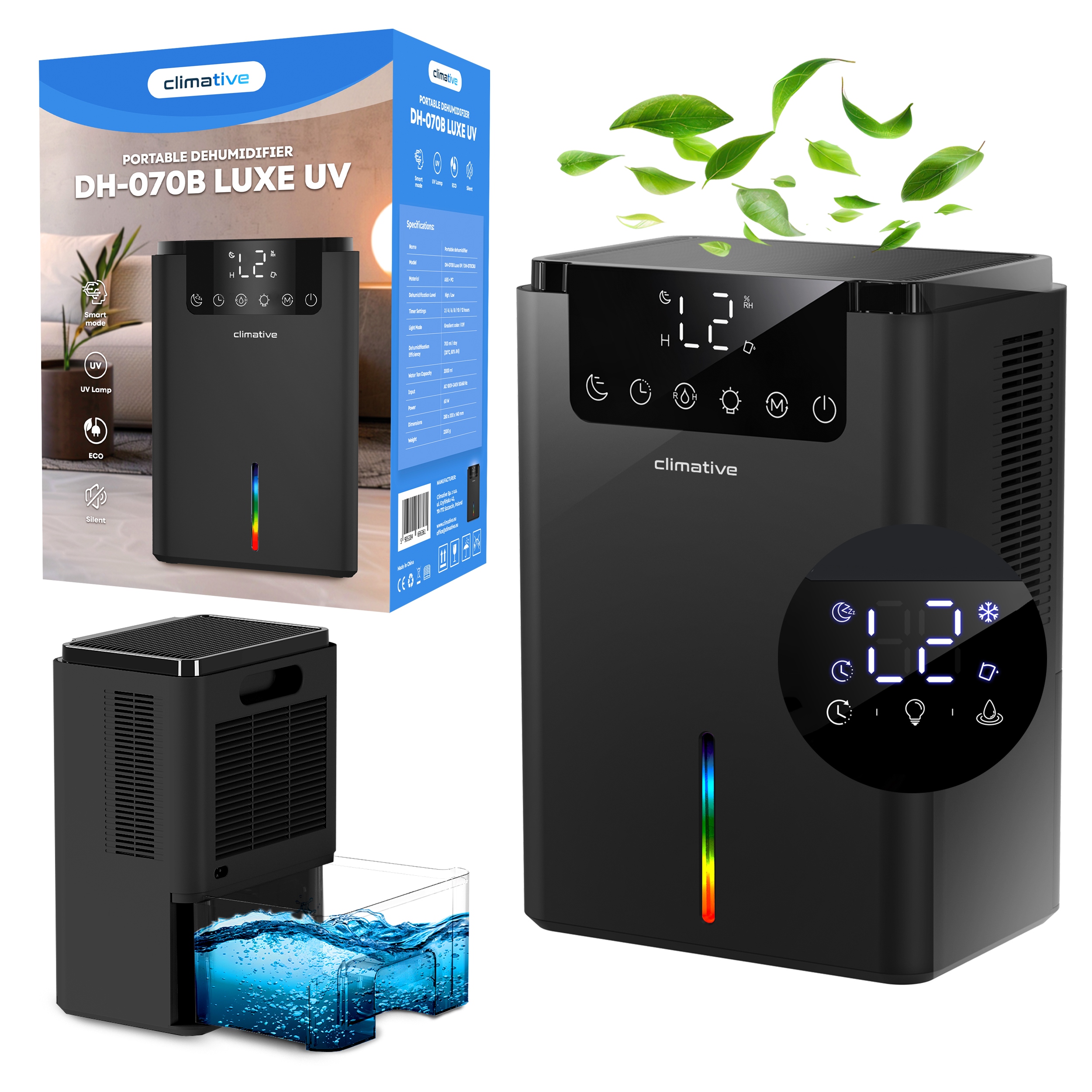 Tichý pohlcovač vlhkosti XXL Odvlhčovač vzduchu Luxe 2000ML Uv Černý