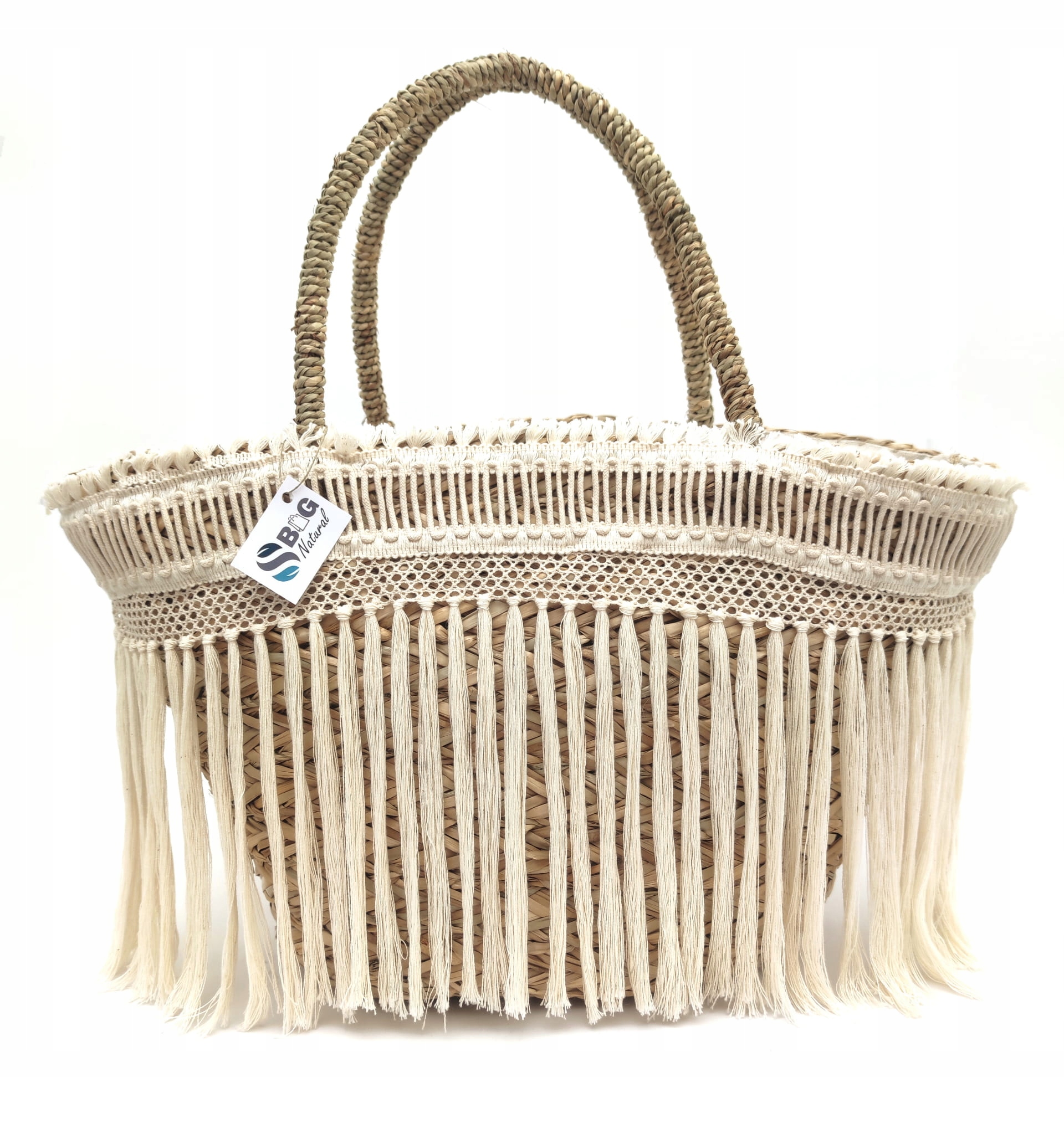 Taška Košík Velká Pletená z mořské trávy s třásněmi Letní Boho