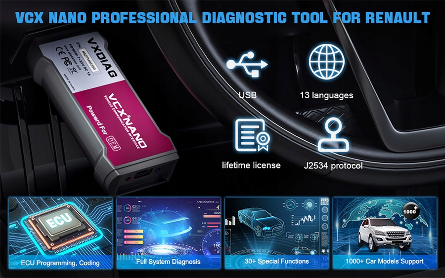 VXDIAG NANO RENAULT J2534 diagnostyka kodowanie Kod producenta VCX NANO RENAULT USB PC