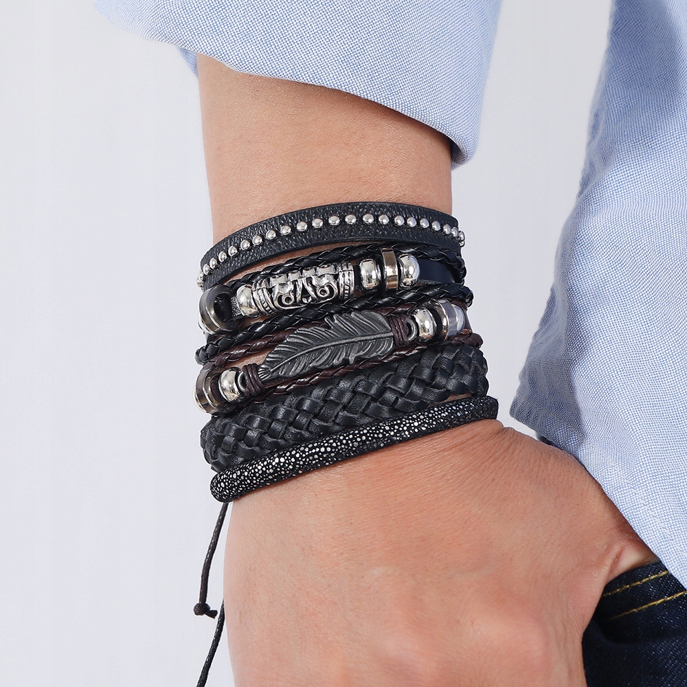 BRANSOLETKA SKÓRZANA MĘSKA ELEGANCKA ZESTAW 9 SZT + TOREBKA PREZENTOWA Długość całkowita 25 cm