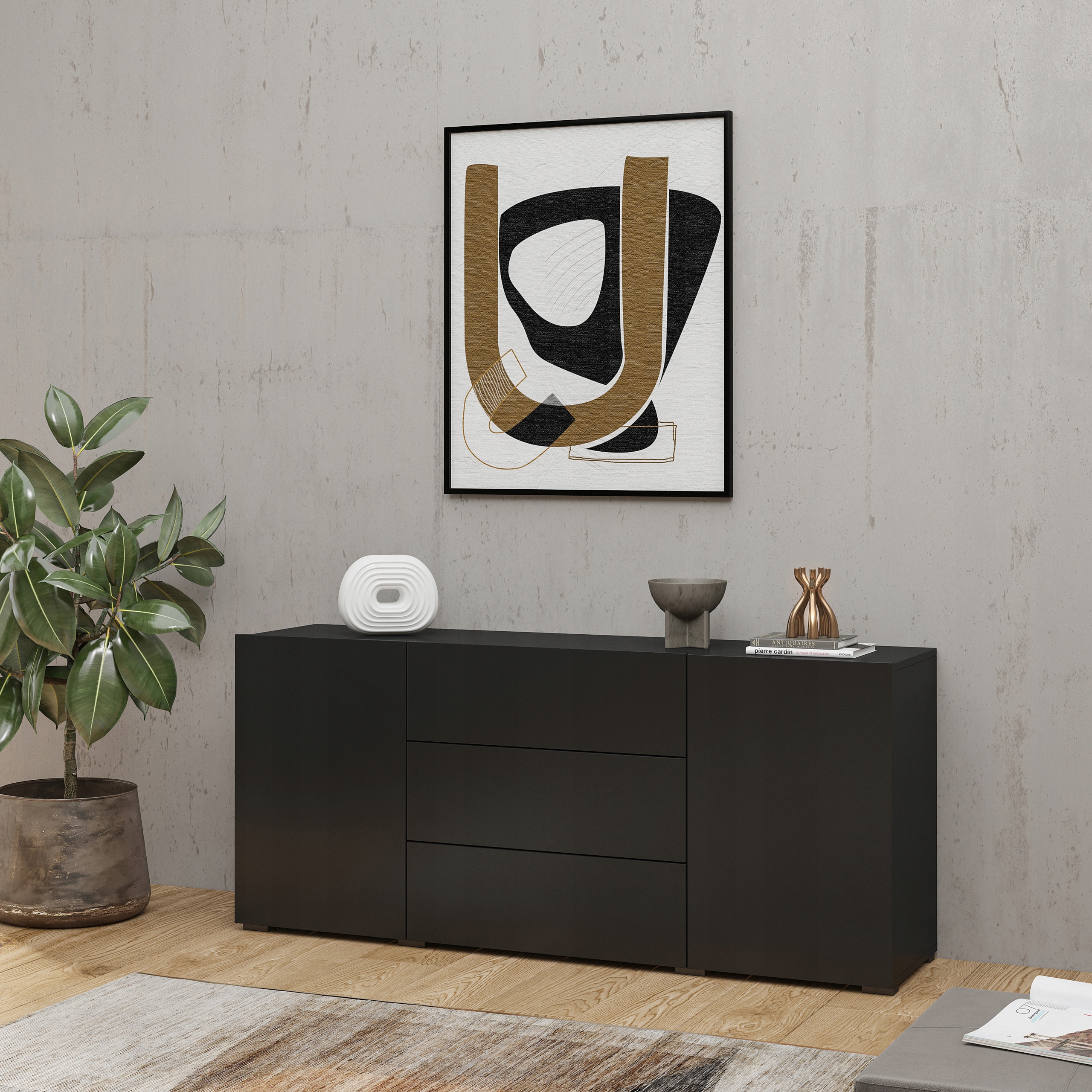 Komoda Aurora 140 cm do obývacího pokoje Ložnice 3 zásuvky 2 Dvířka Černá