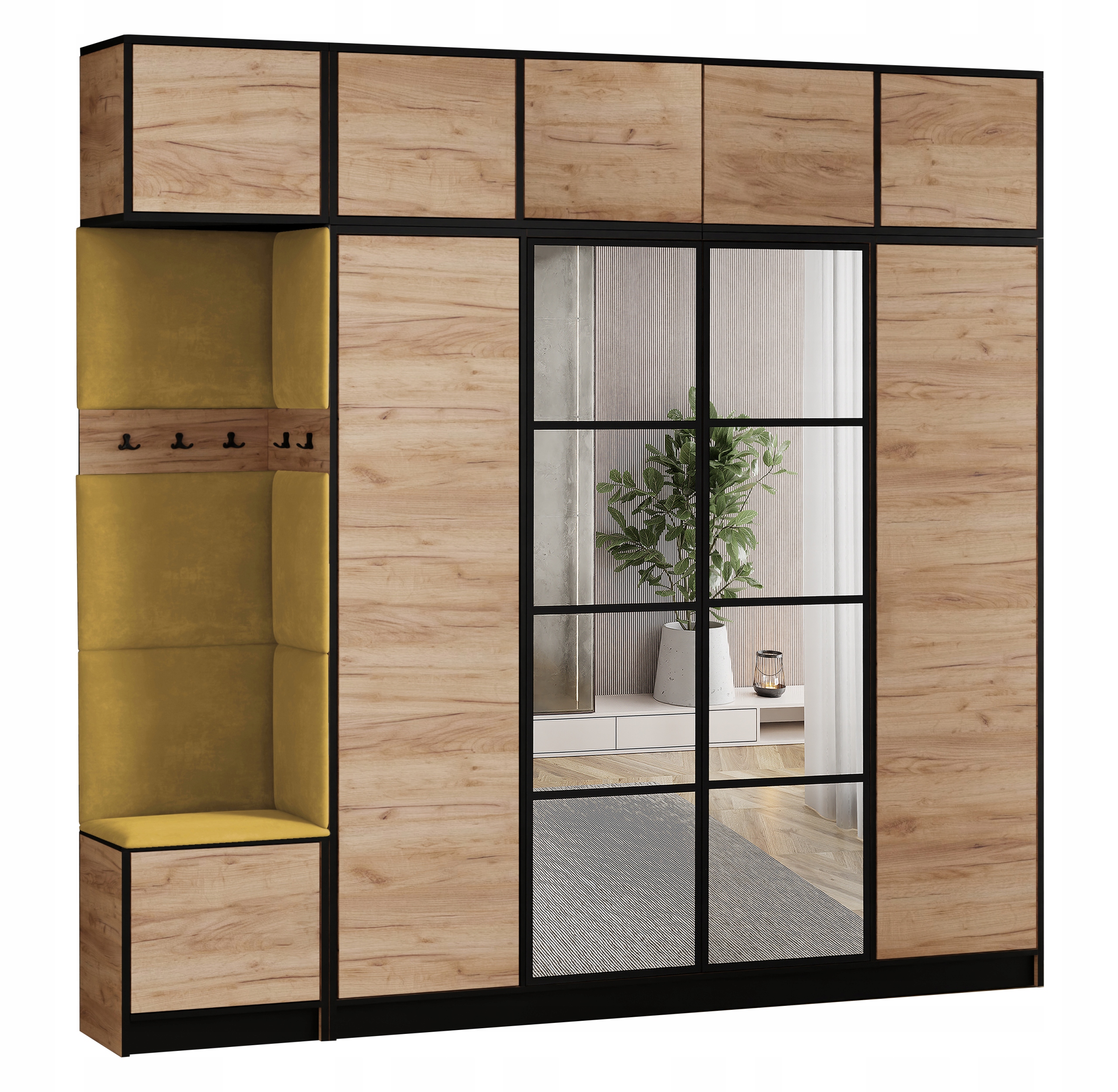 Šatní skříň Costa 15 dub craft zlatý žlutá tkanina, sedák s nástavcem