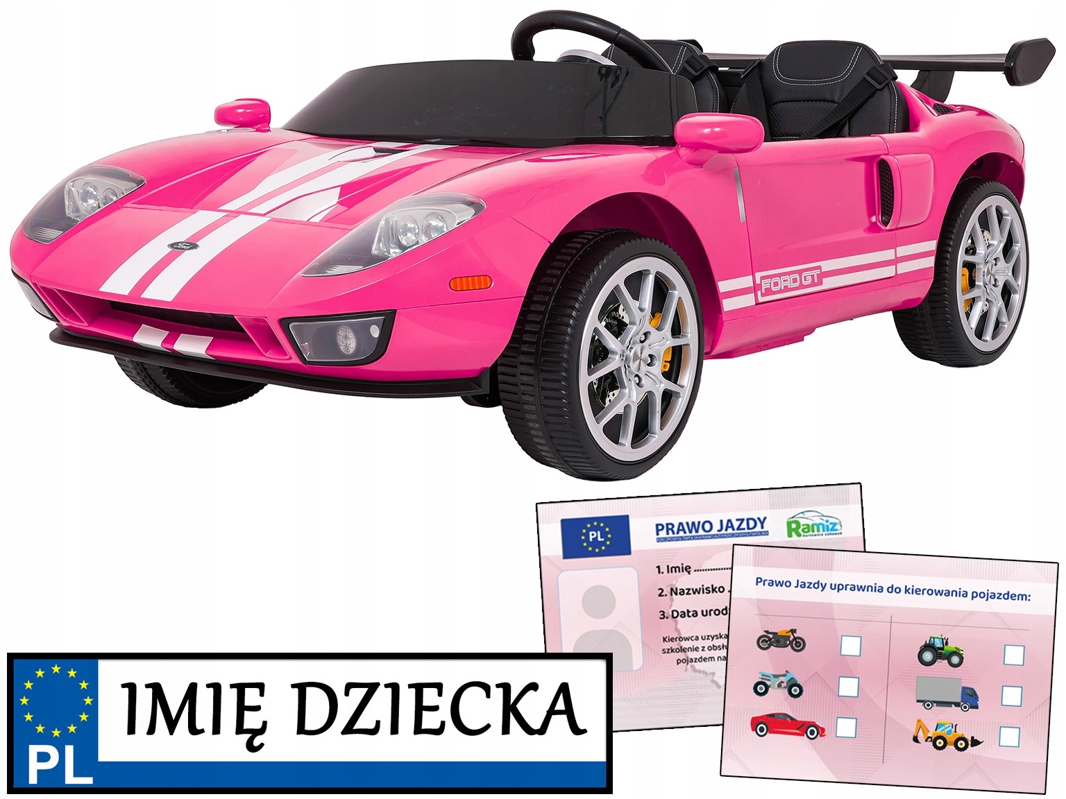 2 osobowe auto na akumulator dla dziewczynki Ford Gt pilot 2x100W Różowe