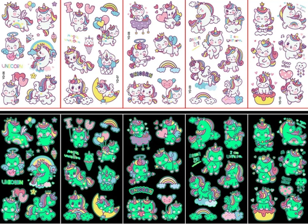 TATUAŻE ZMYWALNE DLA DZIECI 5 ARKUSZY ŚWIECĄCE Nazwa TATUAŻE ŚWIECĄCE w ciemności