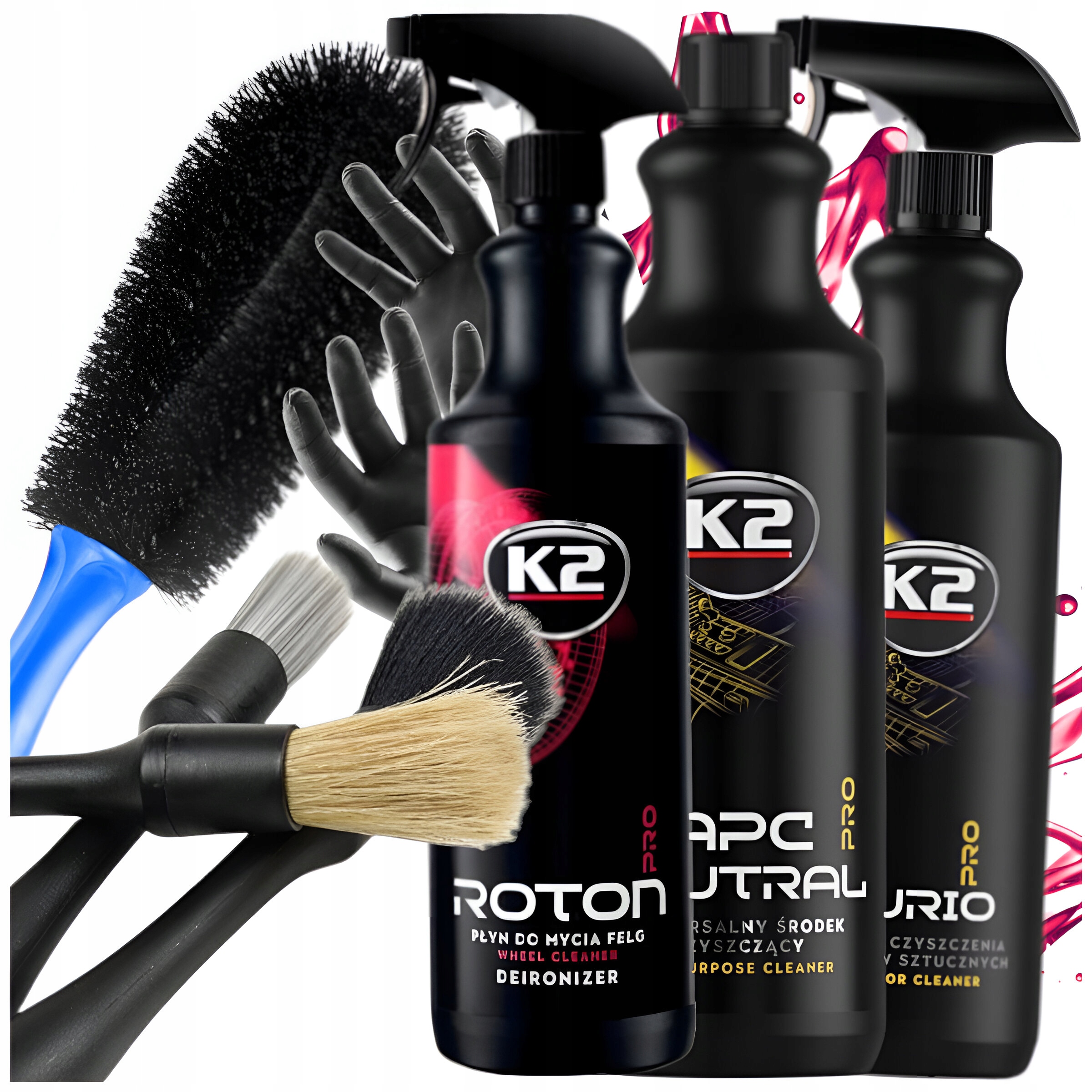 K2 Roton Pro Do Felg 1L Krwawa Purio Apc Pędzle Detailing Szczotka Zestaw