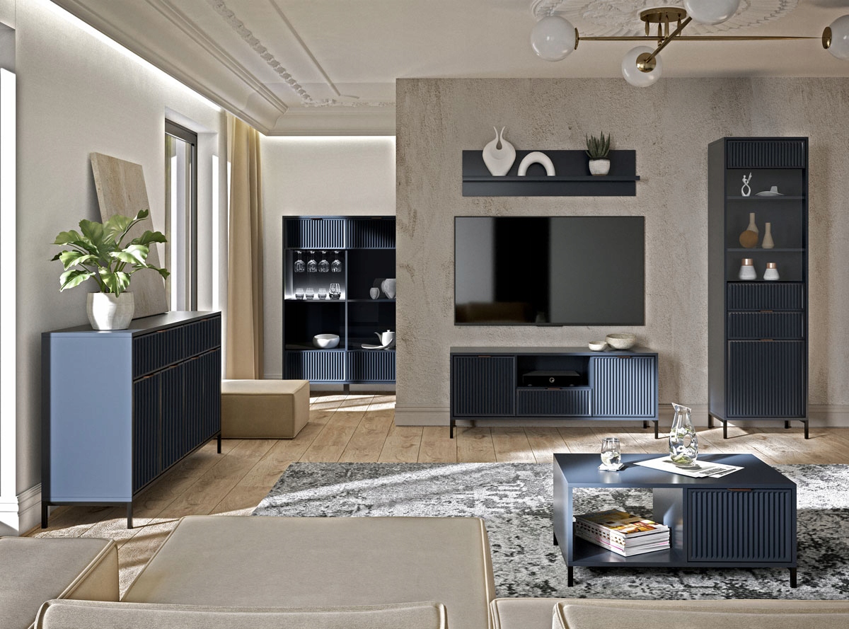 ZESTAW nowoczesnych mebli do salonu ryflowane fronty INDIGO + CZARNE NOGI