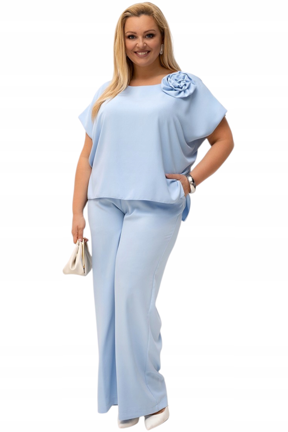 N202 Elegantní komplet, halenka s kalhotami, velikost plus size, velikost 42, světle modrá