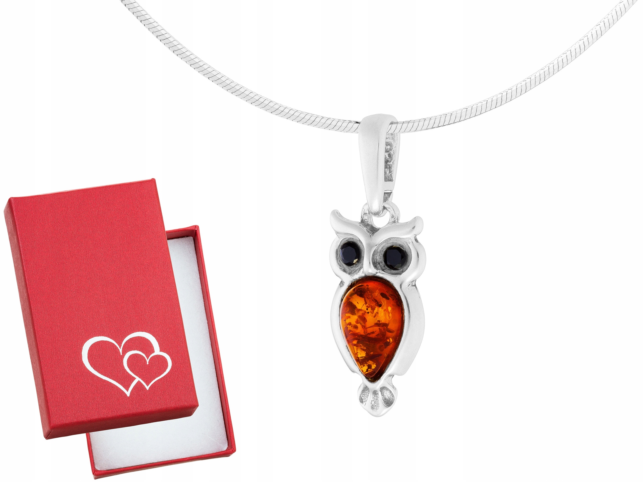 Dlouhý stříbrný oxidovaný náhrdelník Pták Sova Jantar Zirkony Stříbro 75 cm